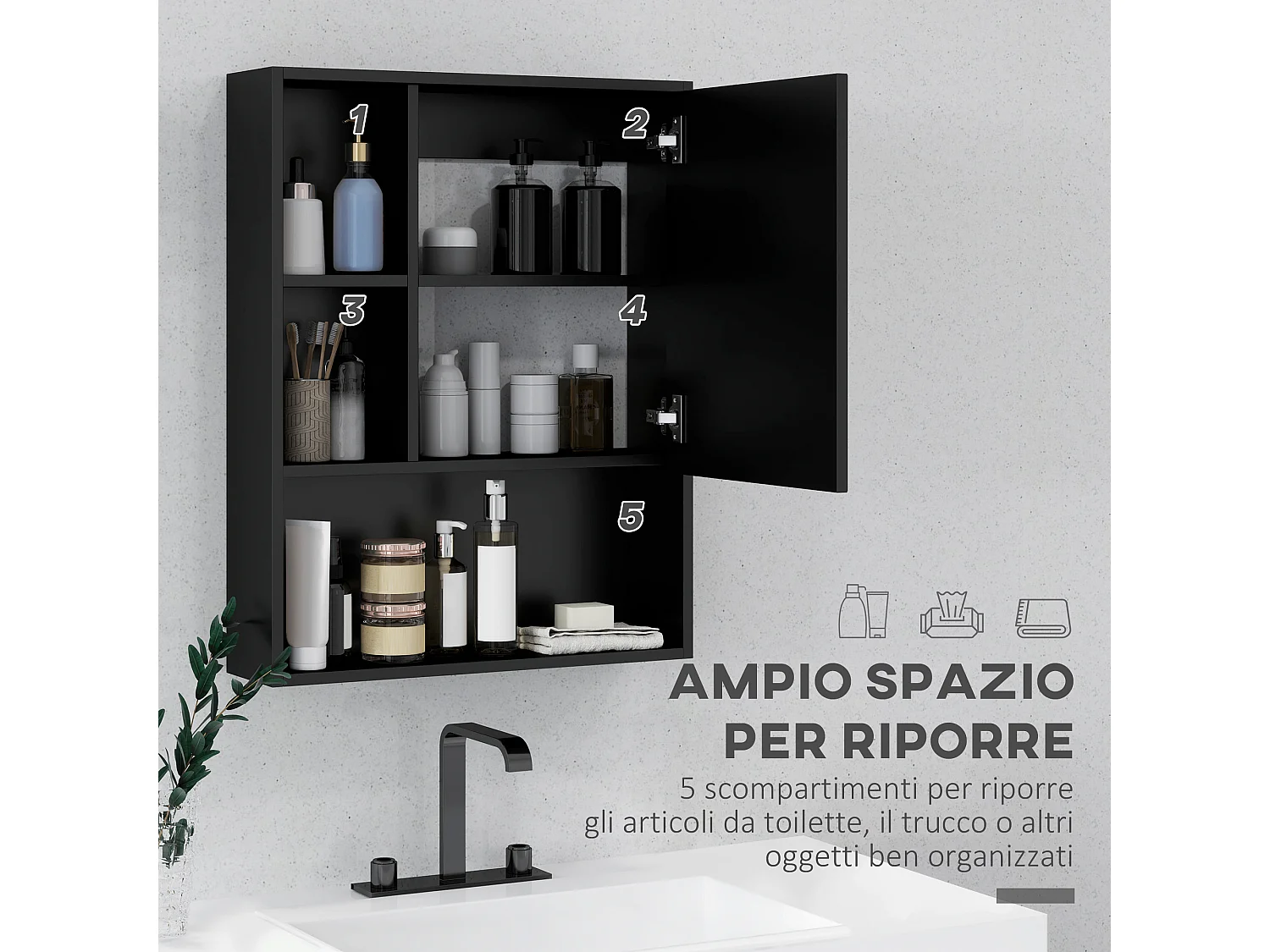 Armadietto bagno con specchio e ripiani interni ed esterni nero