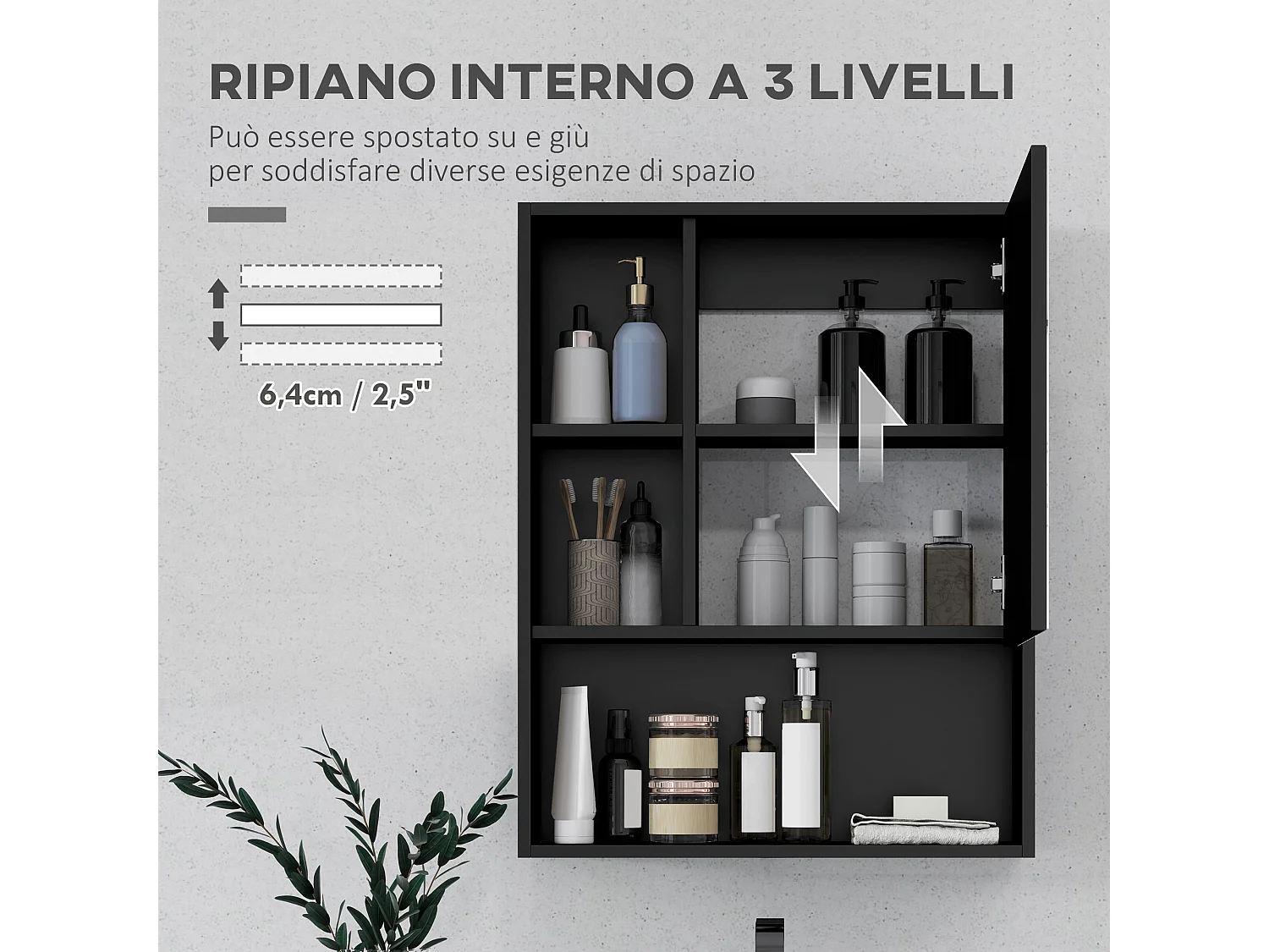 Armadietto bagno con specchio e ripiani interni ed esterni nero