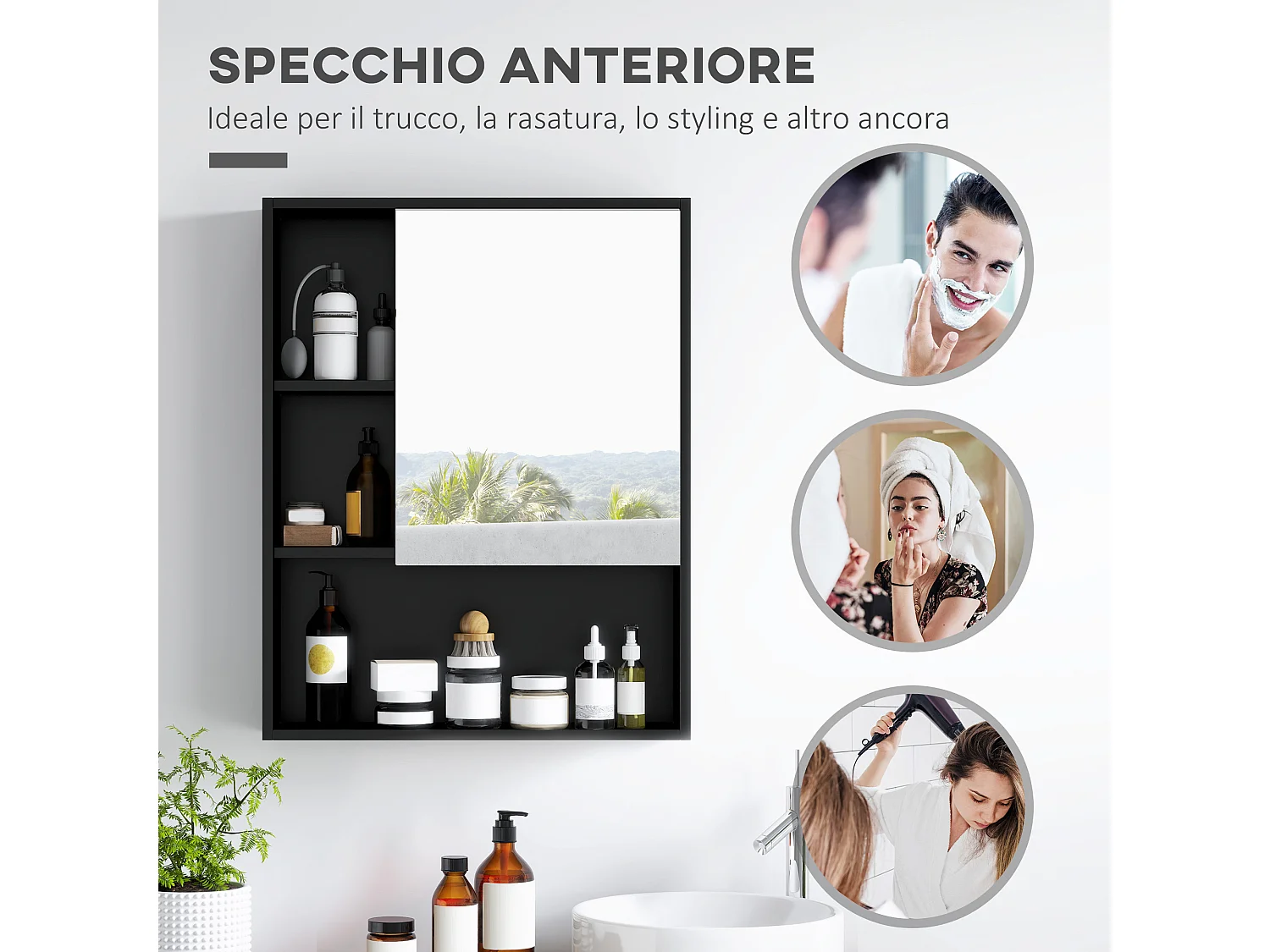Armadietto bagno con specchio e ripiani interni ed esterni nero