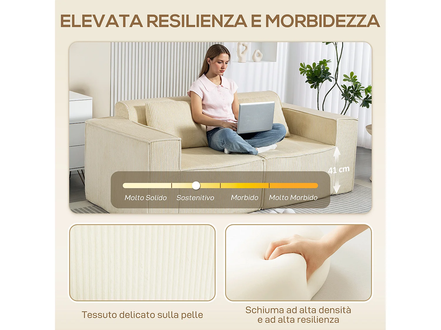 Divano 3 posti modulare seduta profonda e 2 cuscini in velluto beige