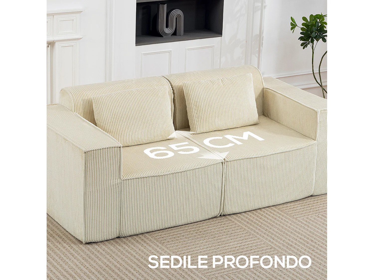 Divano 3 posti modulare seduta profonda e 2 cuscini in velluto beige
