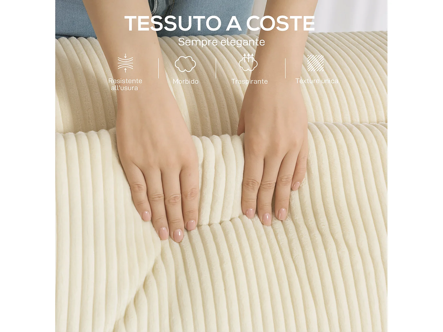 Divano 3 posti modulare seduta profonda e 2 cuscini in velluto beige