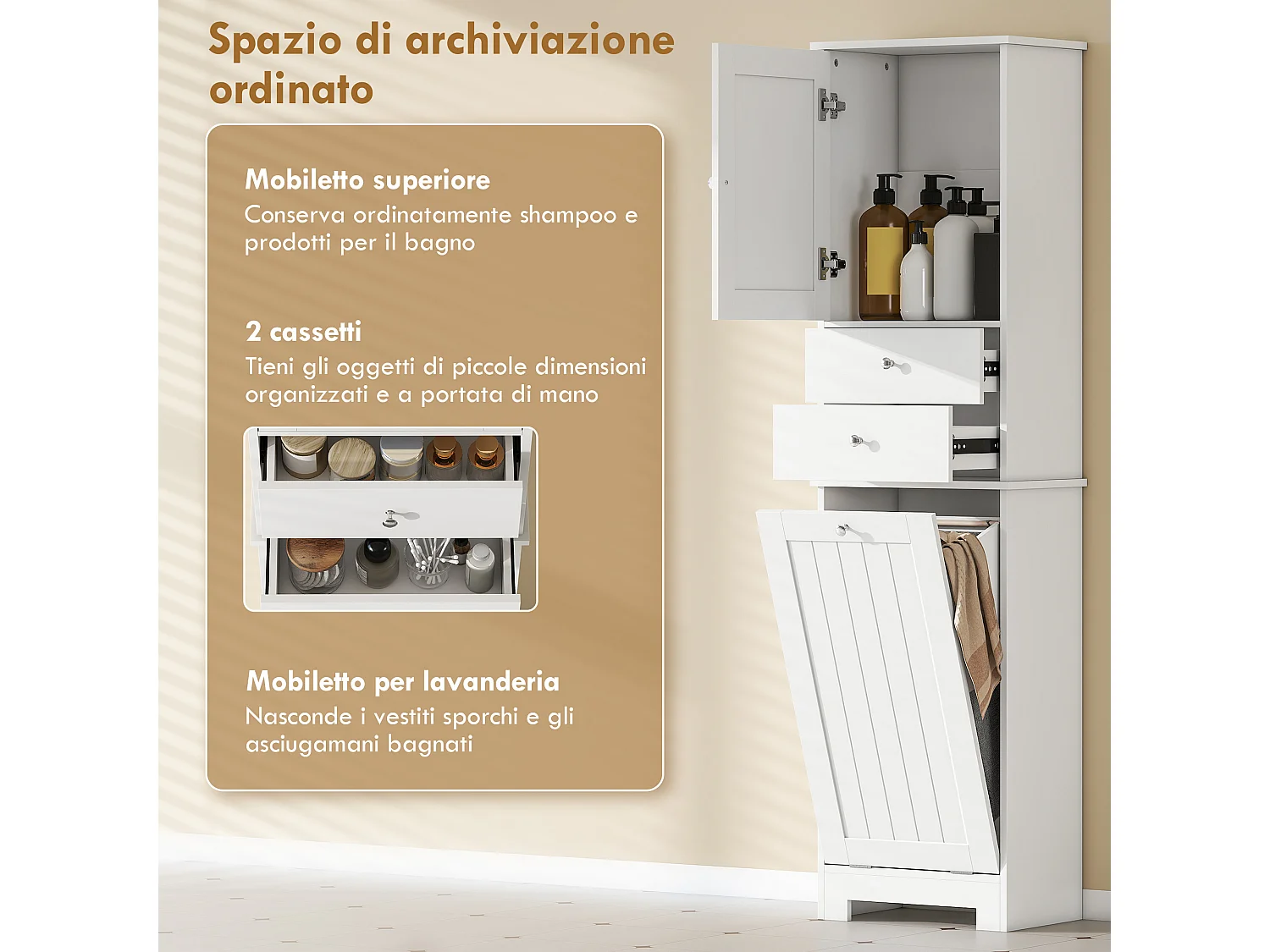 Mobile bagno con cesto per biancheria 45x30x171 cm bianco