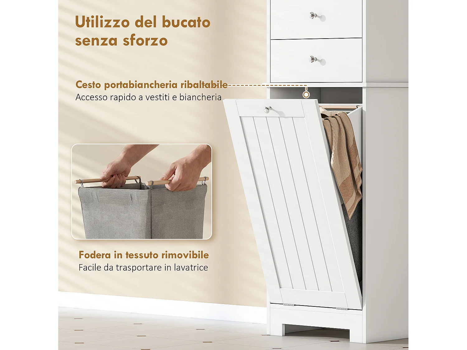 Mobile bagno con cesto per biancheria 45x30x171 cm bianco