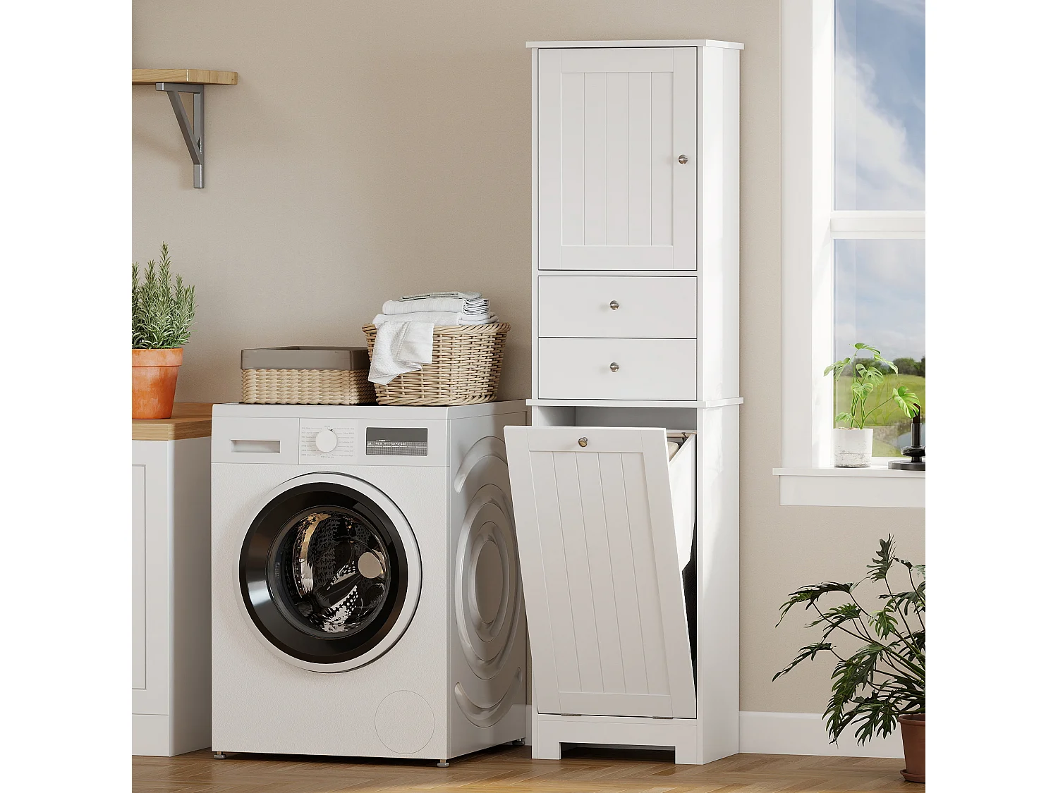 Mobile bagno con cesto per biancheria 45x30x171 cm bianco