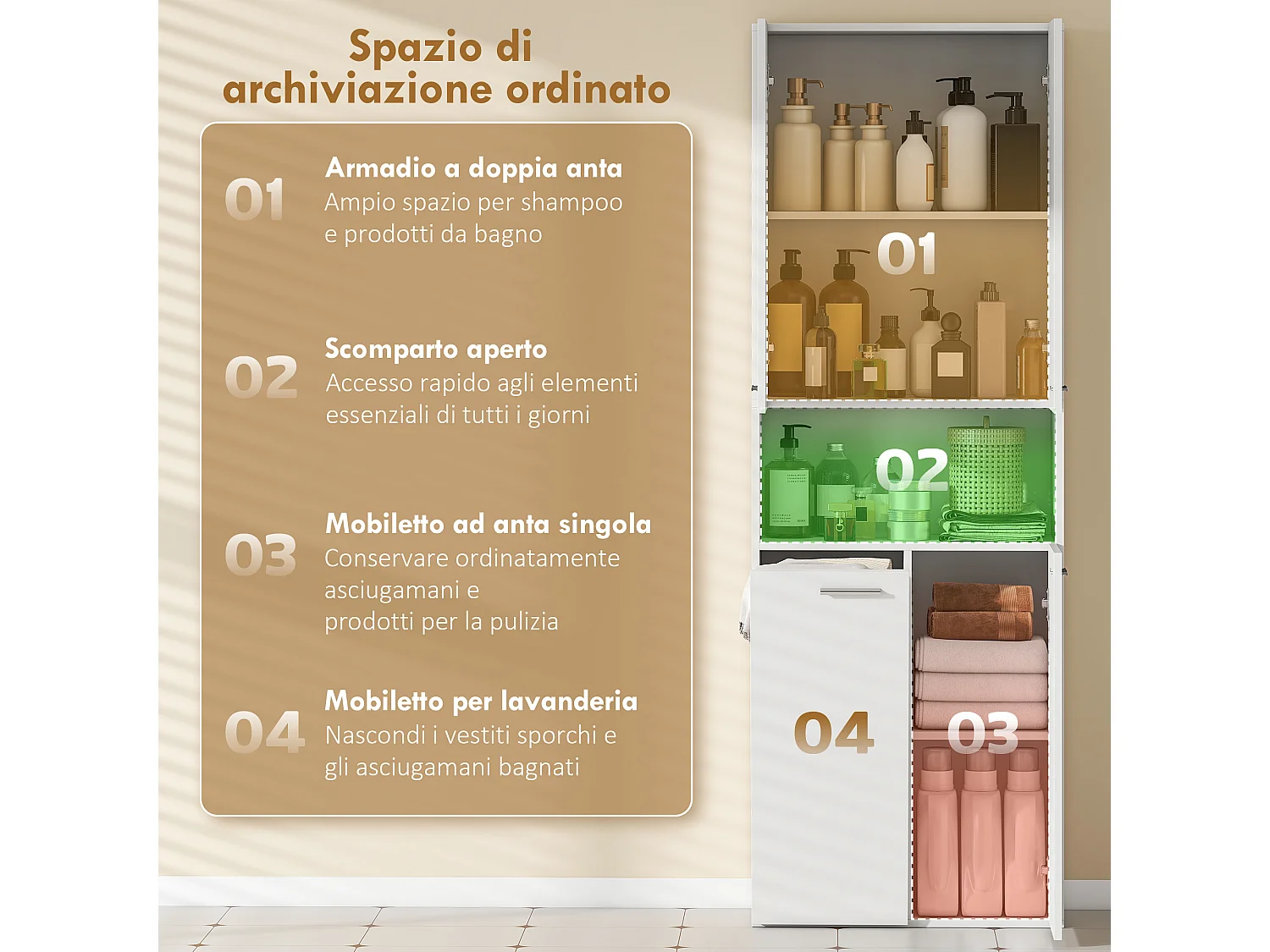 Mobile da bagno con cesto biancheria 60x30x174 cm bianco