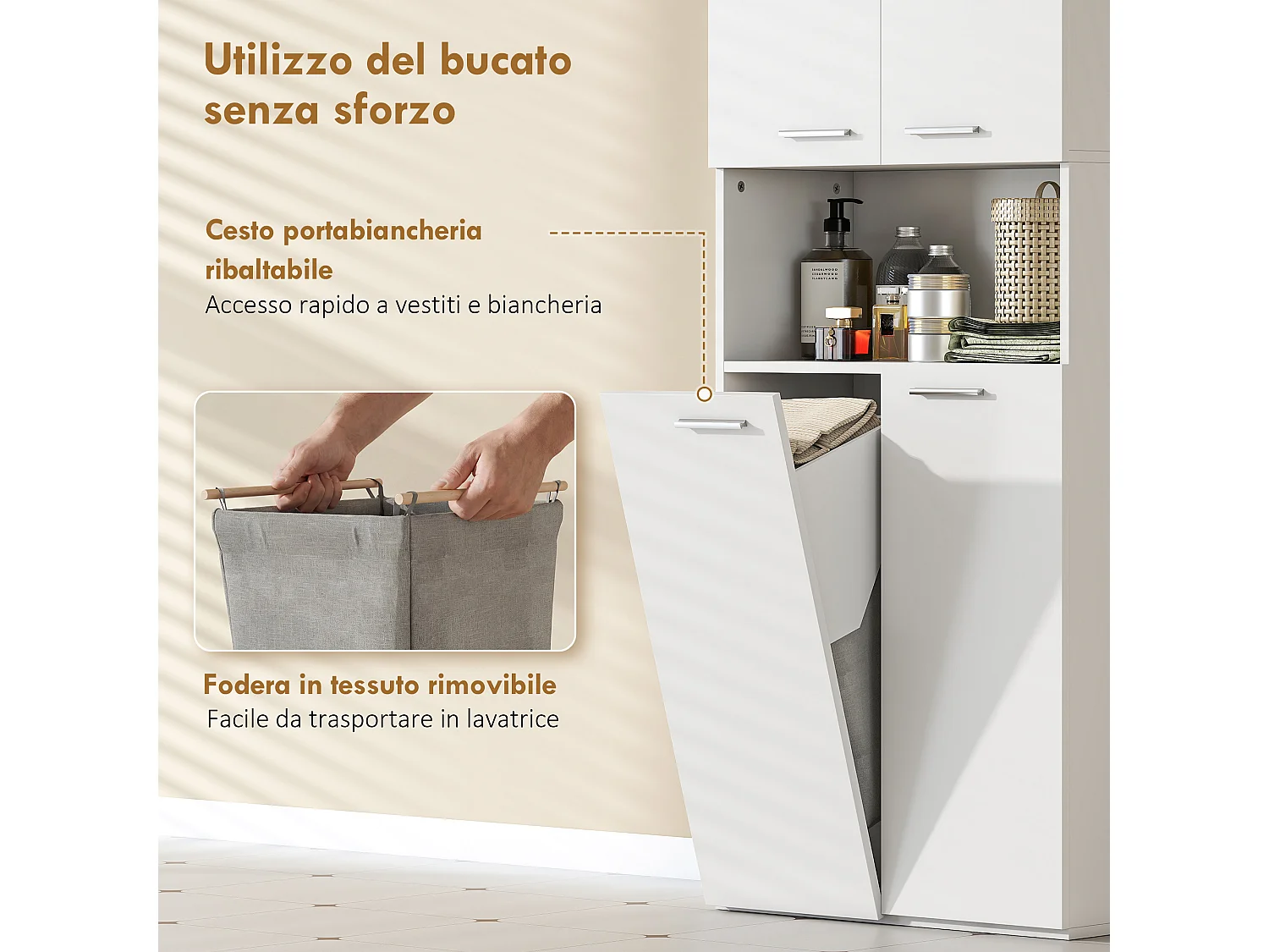 Mobile da bagno con cesto biancheria 60x30x174 cm bianco