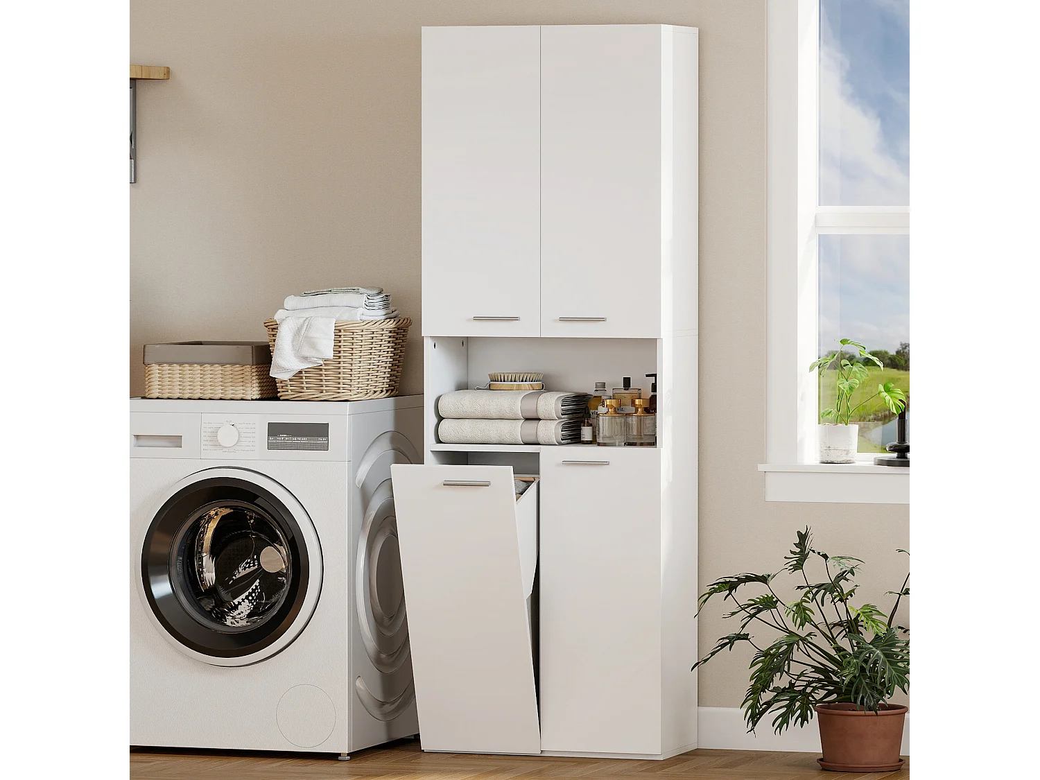Mobile da bagno con cesto biancheria 60x30x174 cm bianco