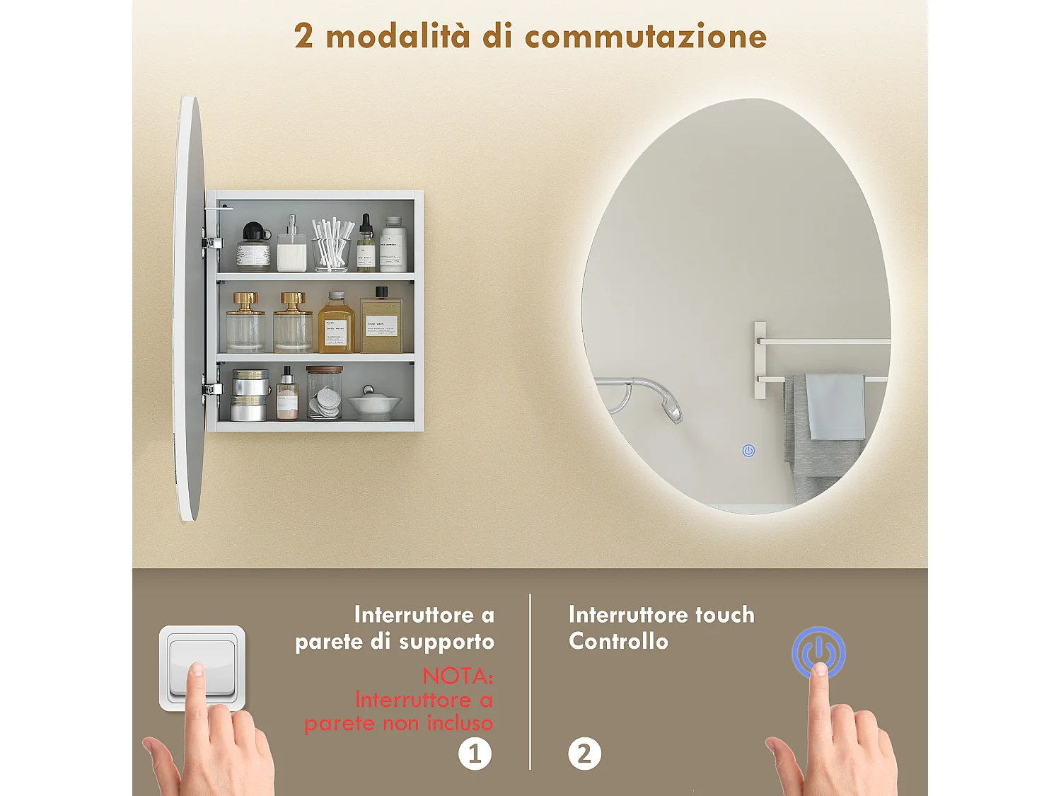 Armadietto bagno specchio led anti-appannamento vetro bianco