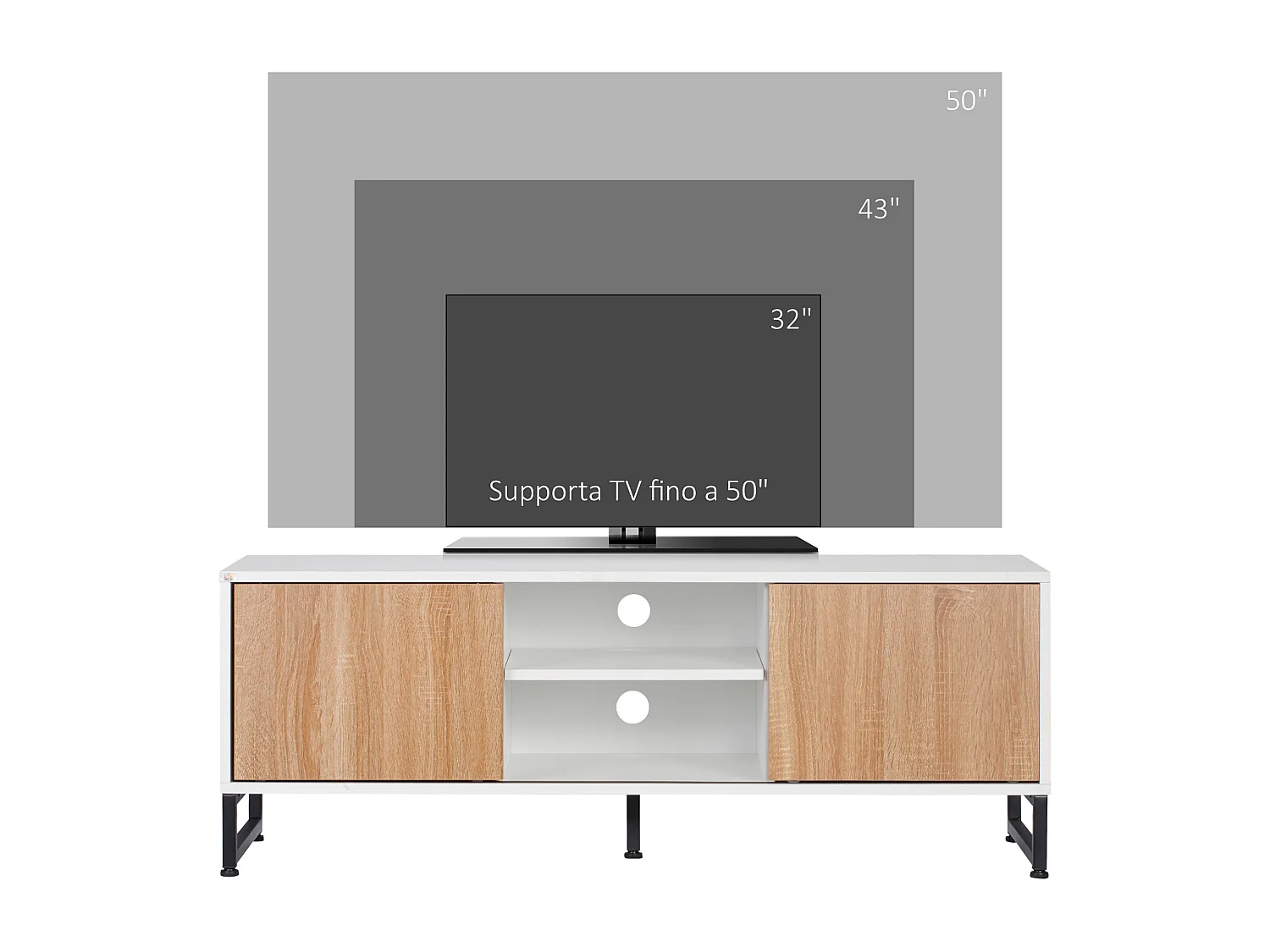 Mobile tv max 50" con 2 ripiani aperti e 2 armadietti chiusi