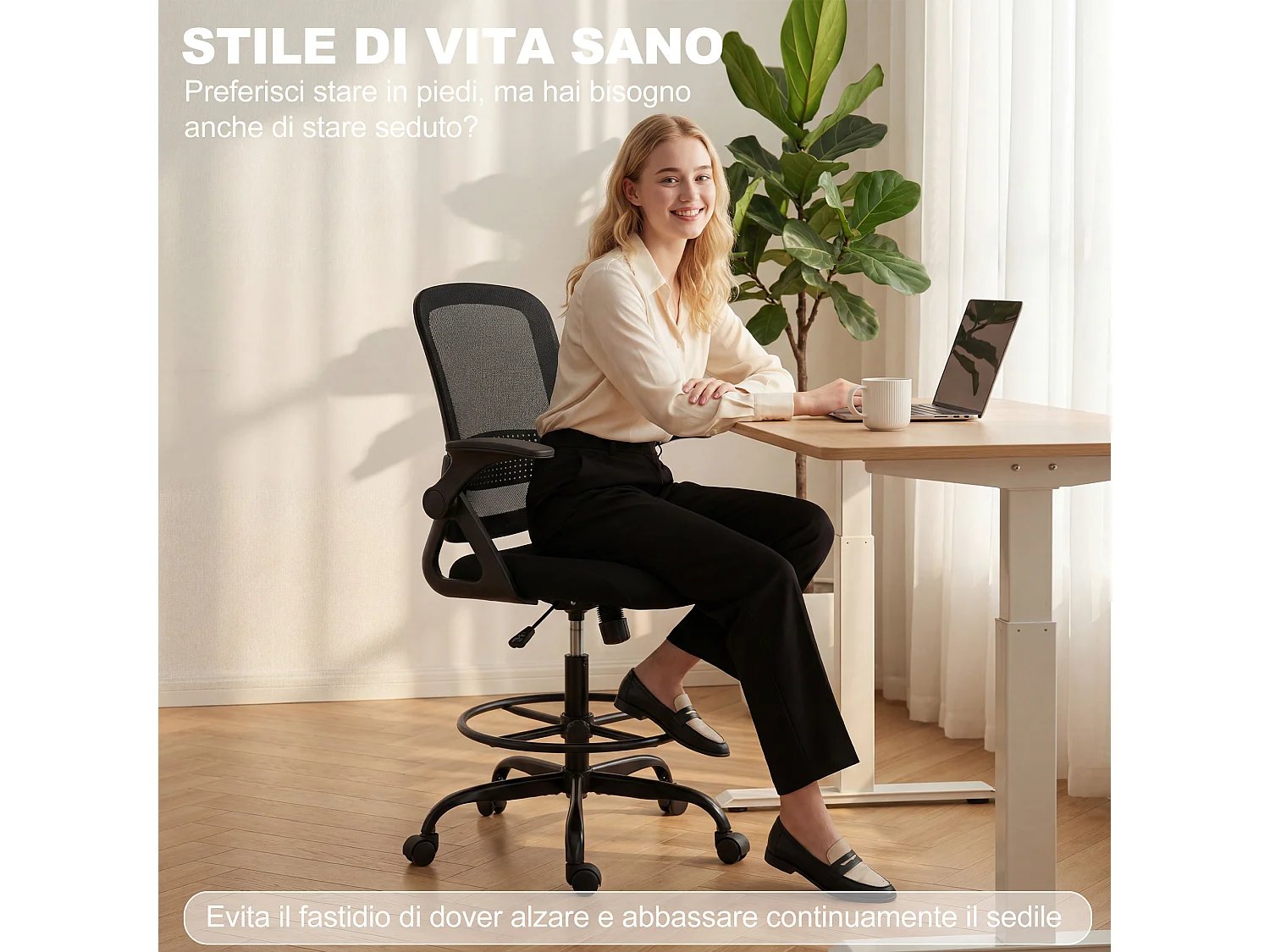 Sedia da ufficio con braccioli ribaltabili in rete nera