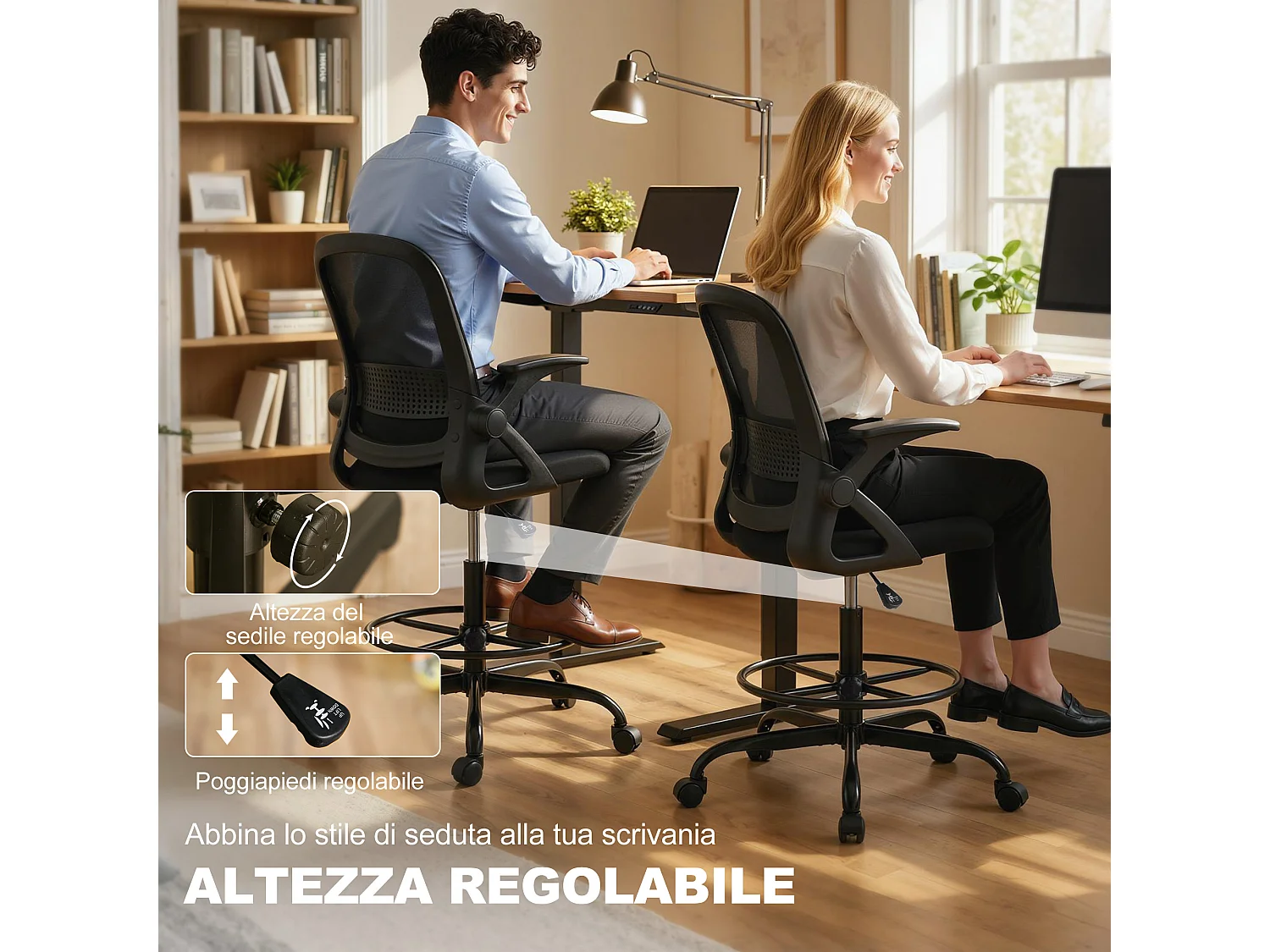 Sedia da ufficio con braccioli ribaltabili in rete nera