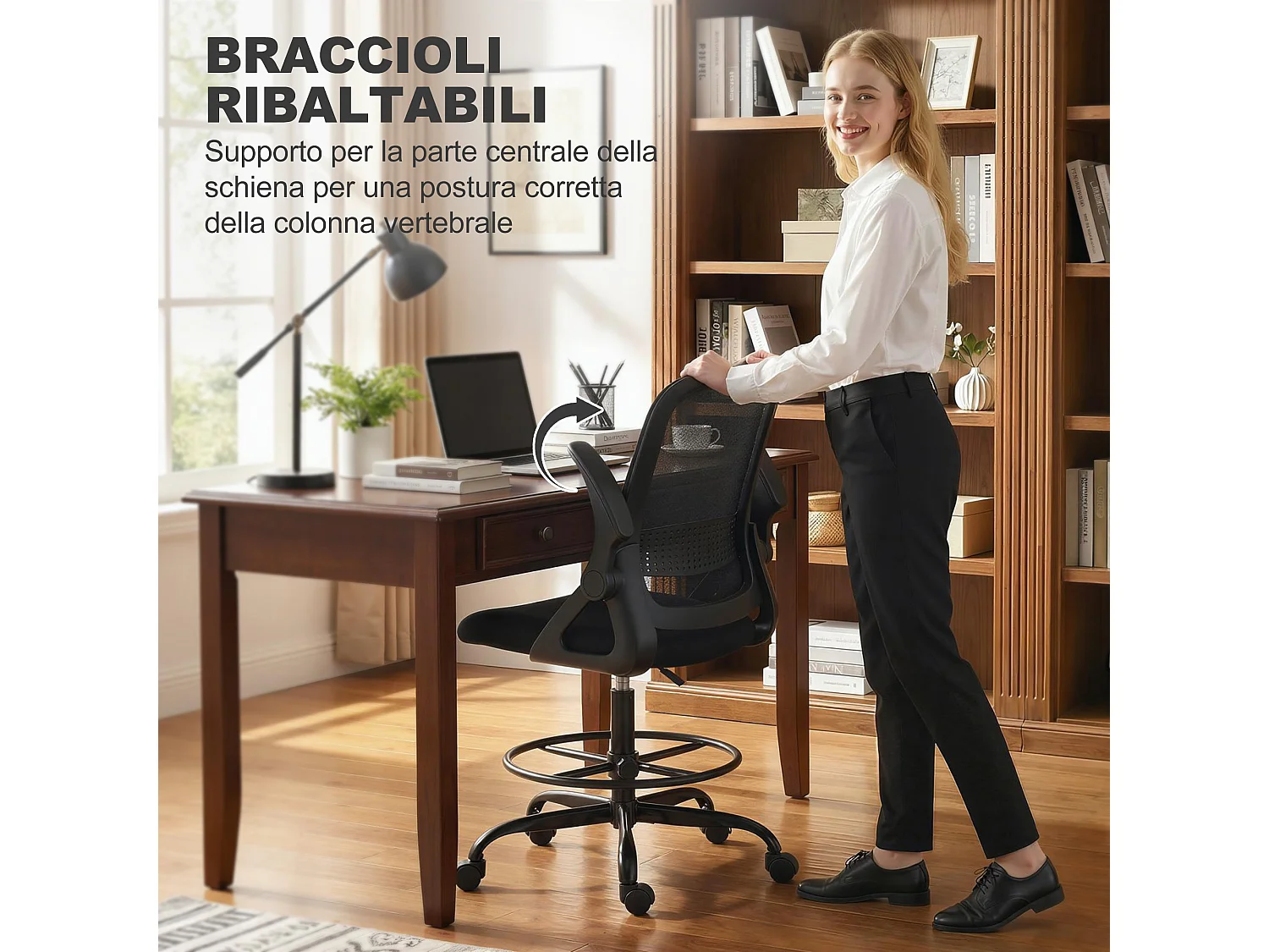 Sedia da ufficio con braccioli ribaltabili in rete nera
