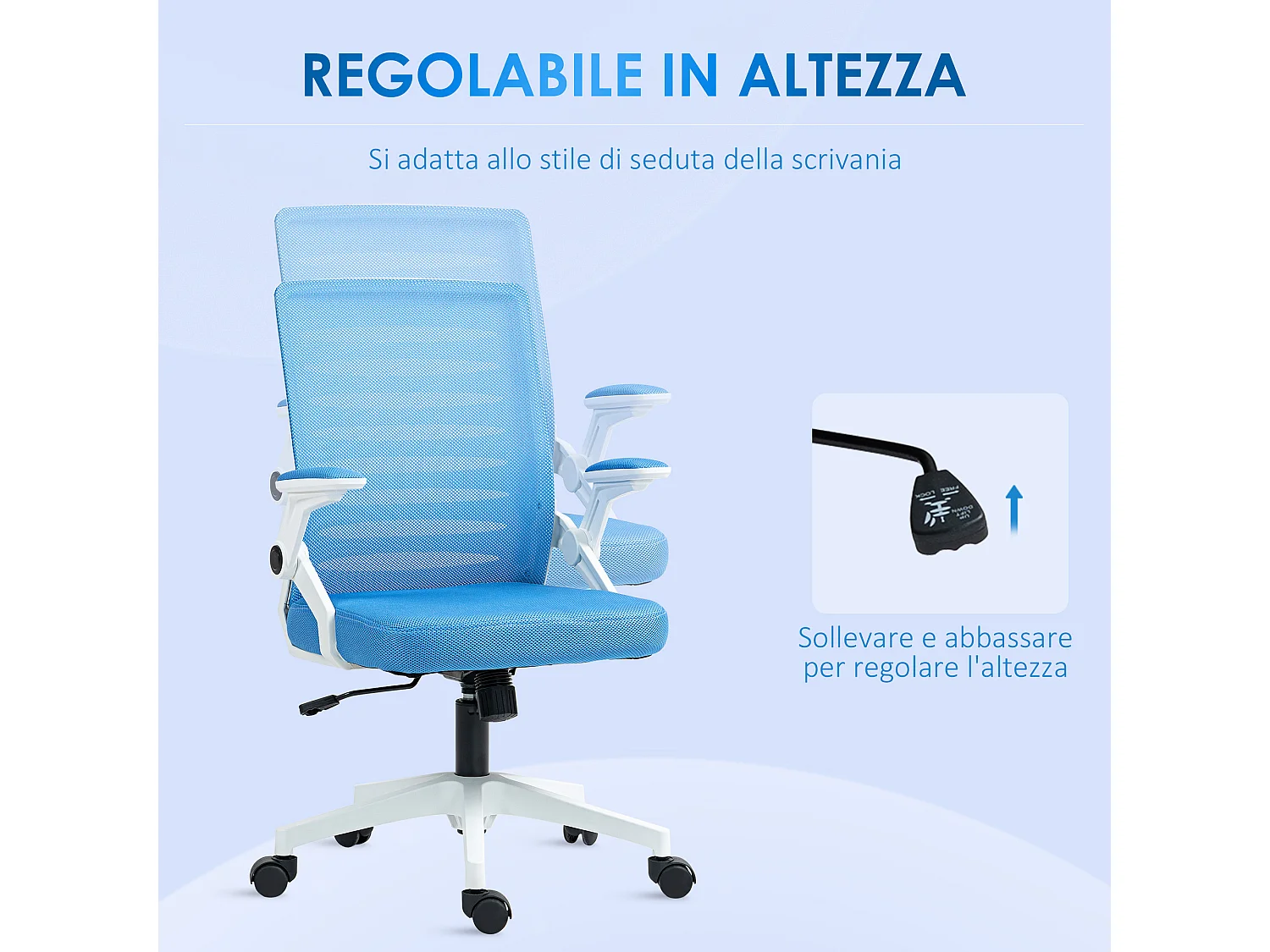 Sedia ergonomica girevole ad altezza regolabile bianca e azzurra