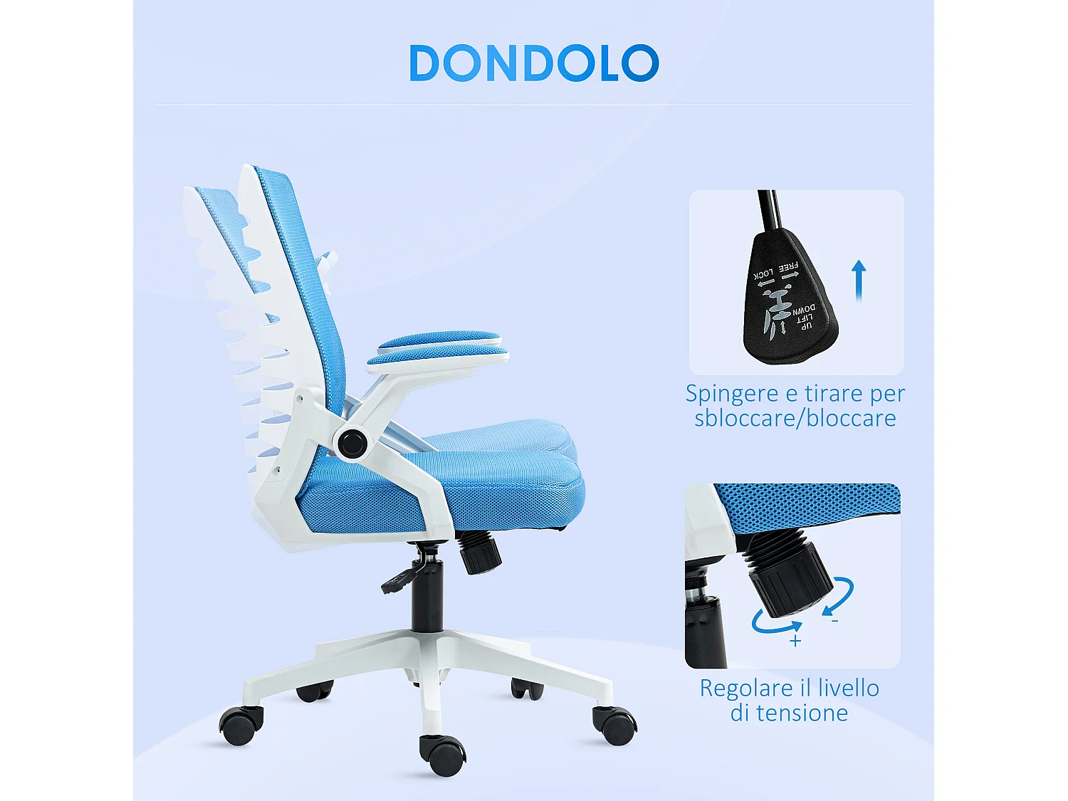 Sedia ergonomica girevole ad altezza regolabile bianca e azzurra