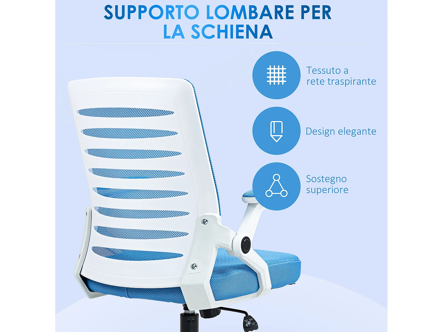 Sedia ergonomica girevole ad altezza regolabile bianca e azzurra