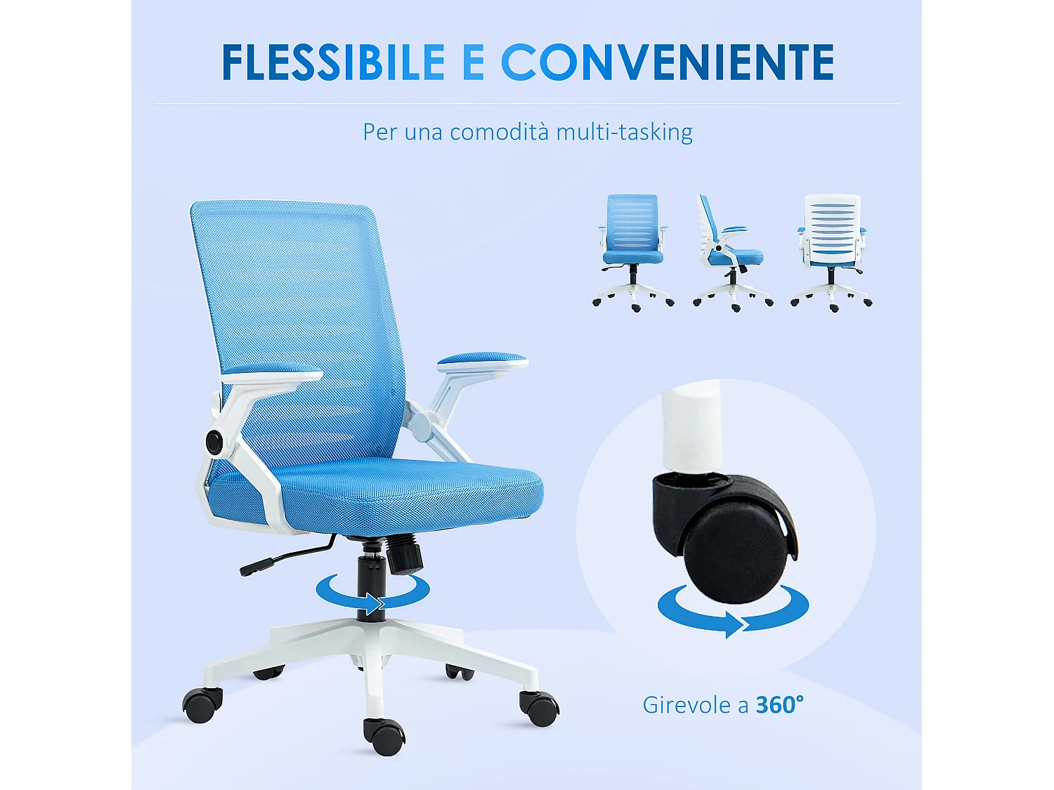 Sedia ergonomica girevole ad altezza regolabile bianca e azzurra