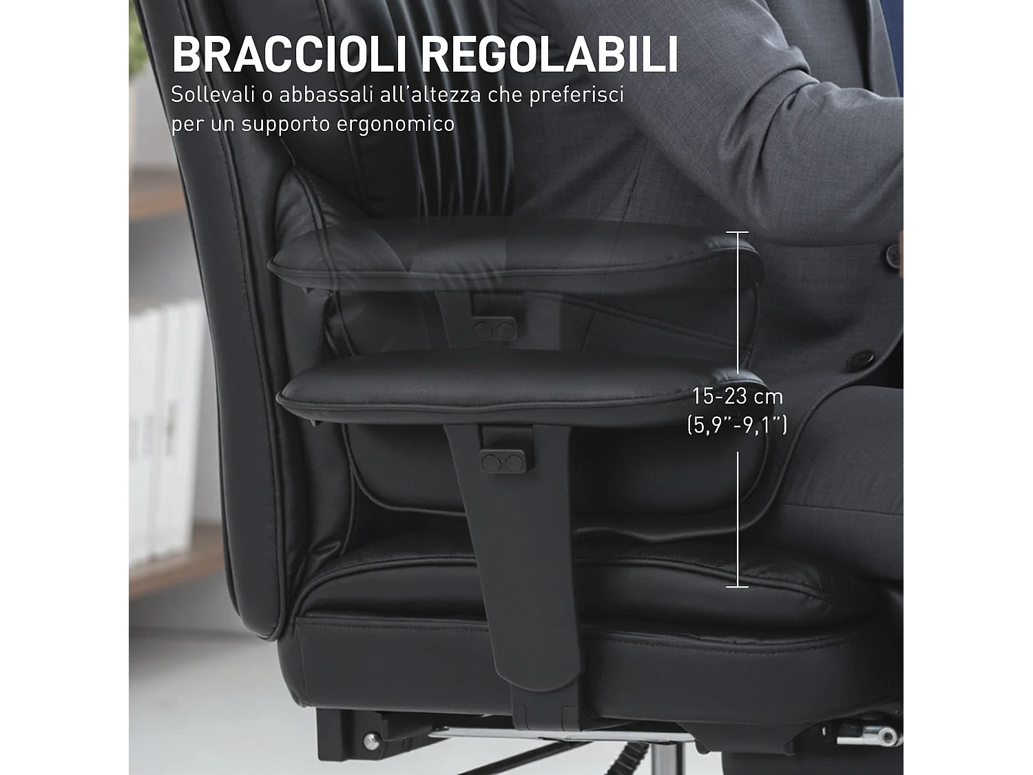 Sedia da ufficio con poggiapiedi e poggiatesta, in pelle pu, schiuma e metallo