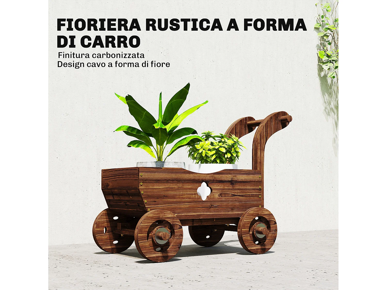 Fioriera a forma di carretto con 4 ruote e maniglia in legno di abete