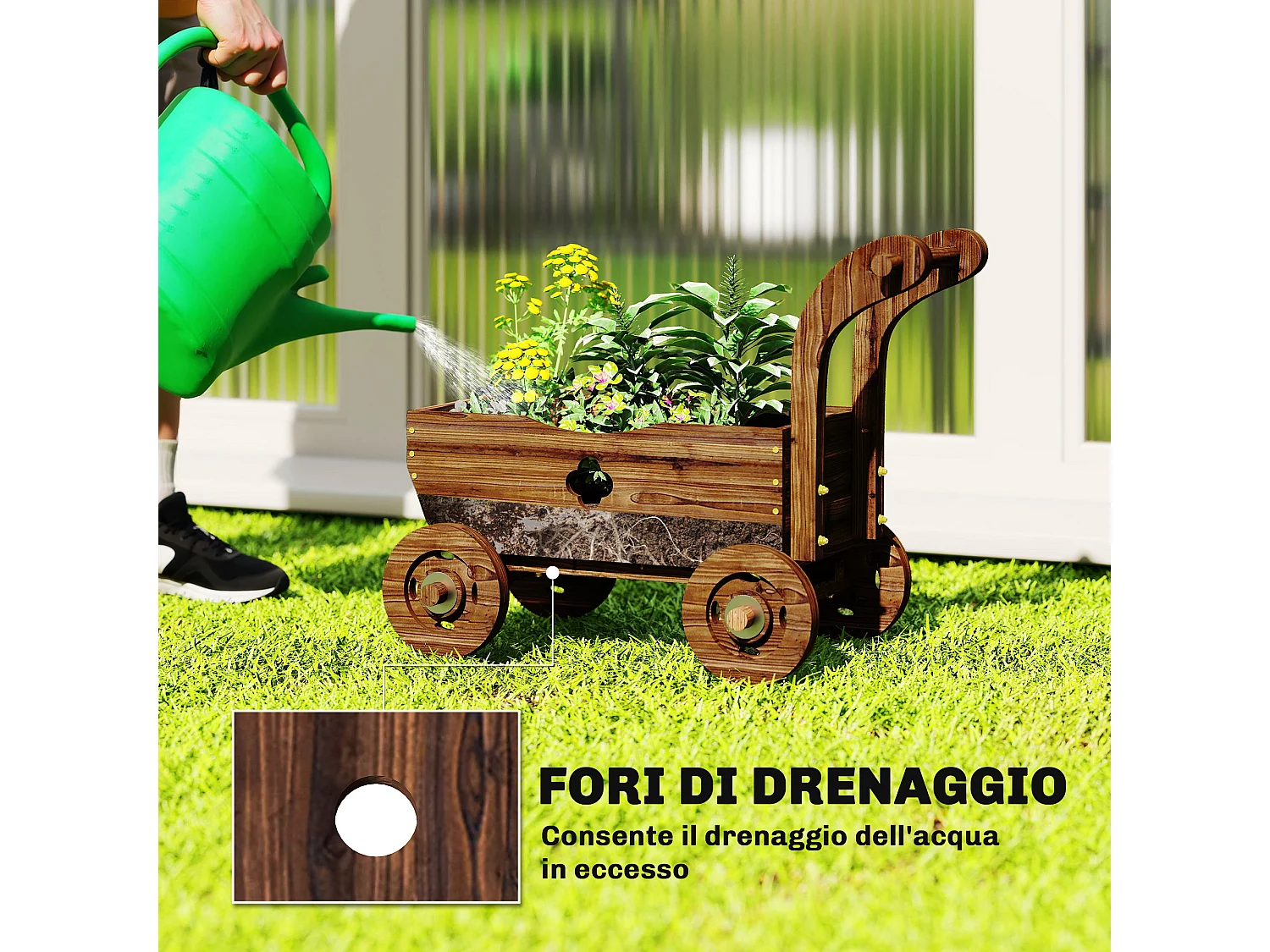 Fioriera a forma di carretto con 4 ruote e maniglia in legno di abete