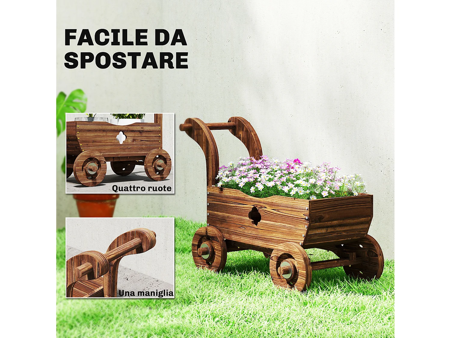 Fioriera a forma di carretto con 4 ruote e maniglia in legno di abete