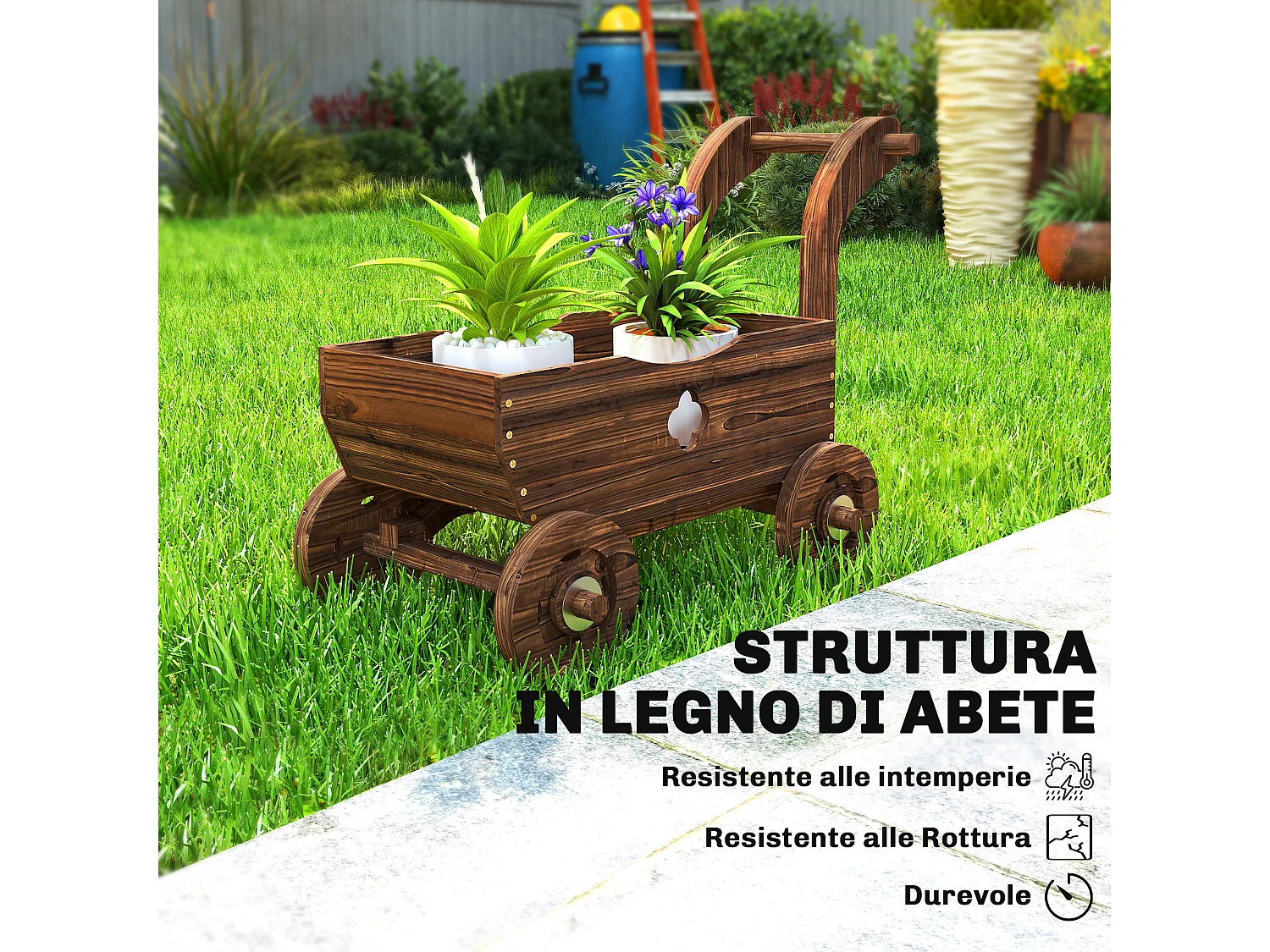 Fioriera a forma di carretto con 4 ruote e maniglia in legno di abete