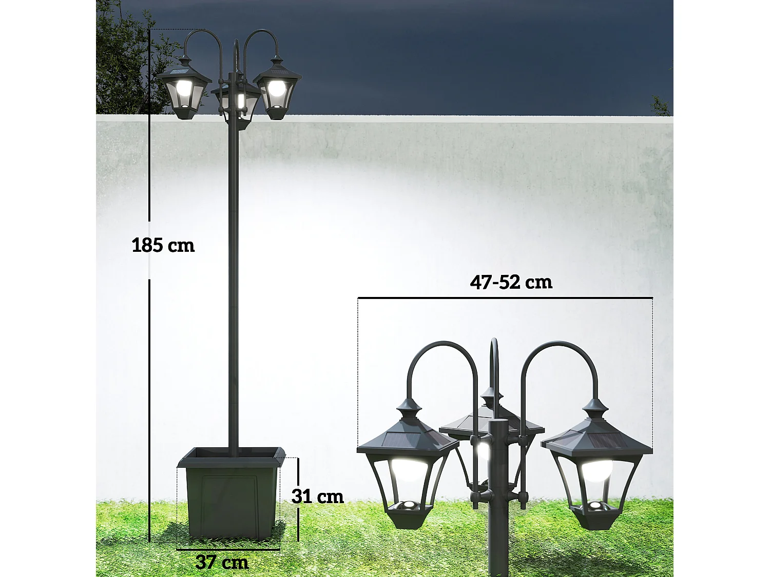 Lampione solare da esterno 3 luci led impermeabile nero