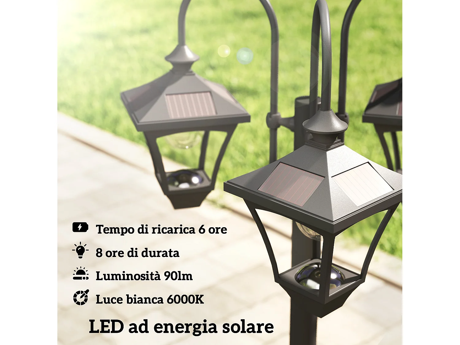Lampione solare da esterno 3 luci led impermeabile nero
