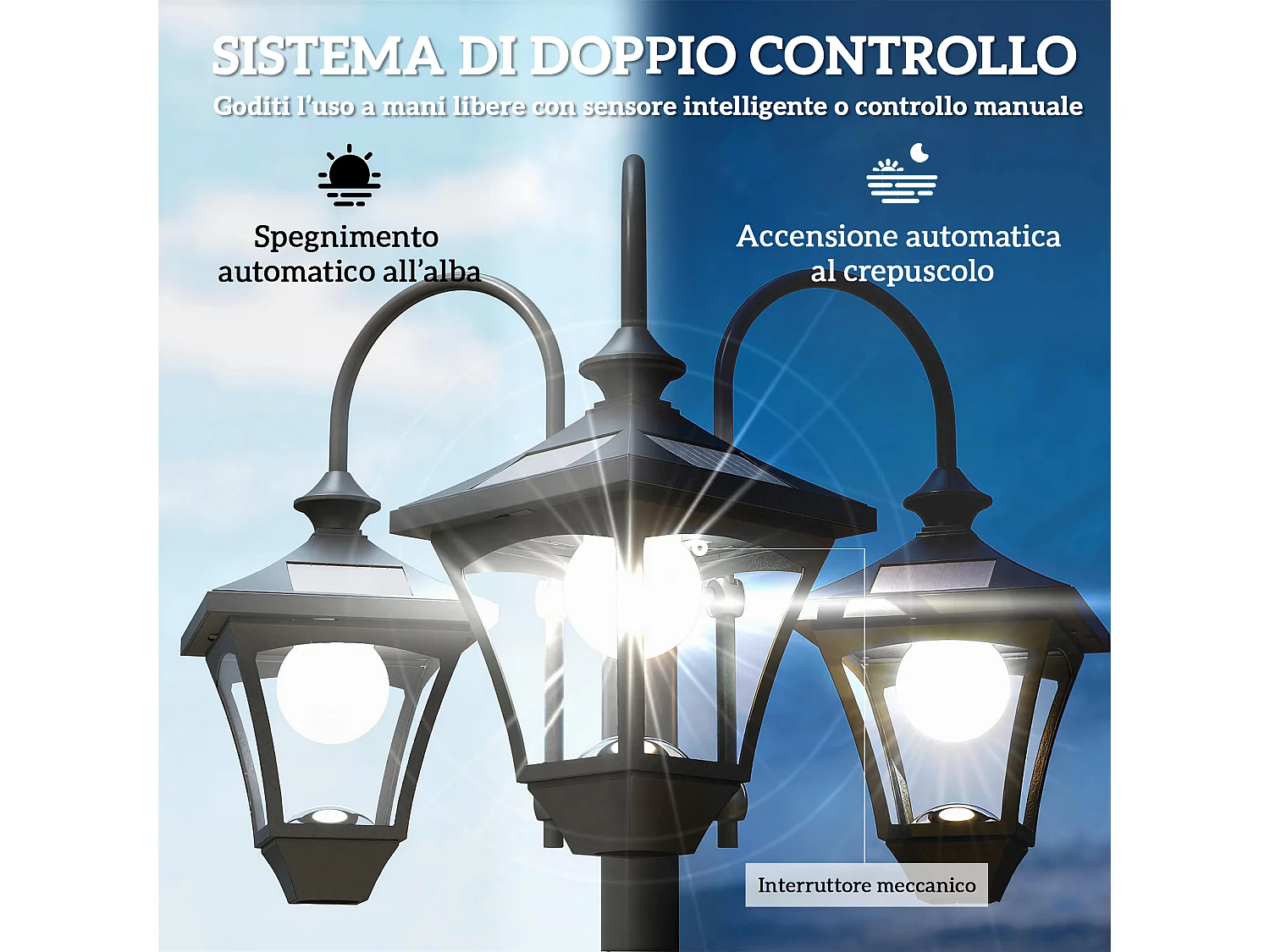 Lampione solare da esterno 3 luci led impermeabile nero