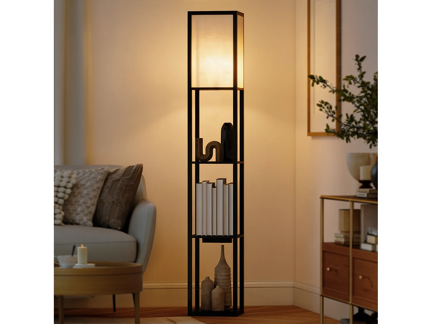 Lampada da terra con ripiani e luce regolabile porte usb nero