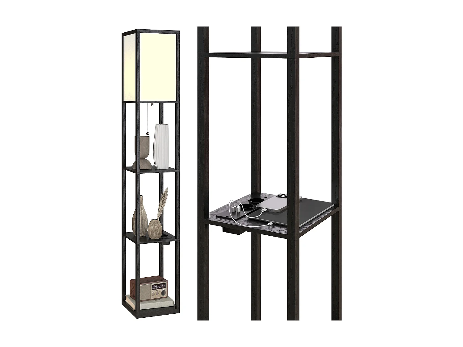 Lampada da terra con ripiani e luce regolabile porte usb nero