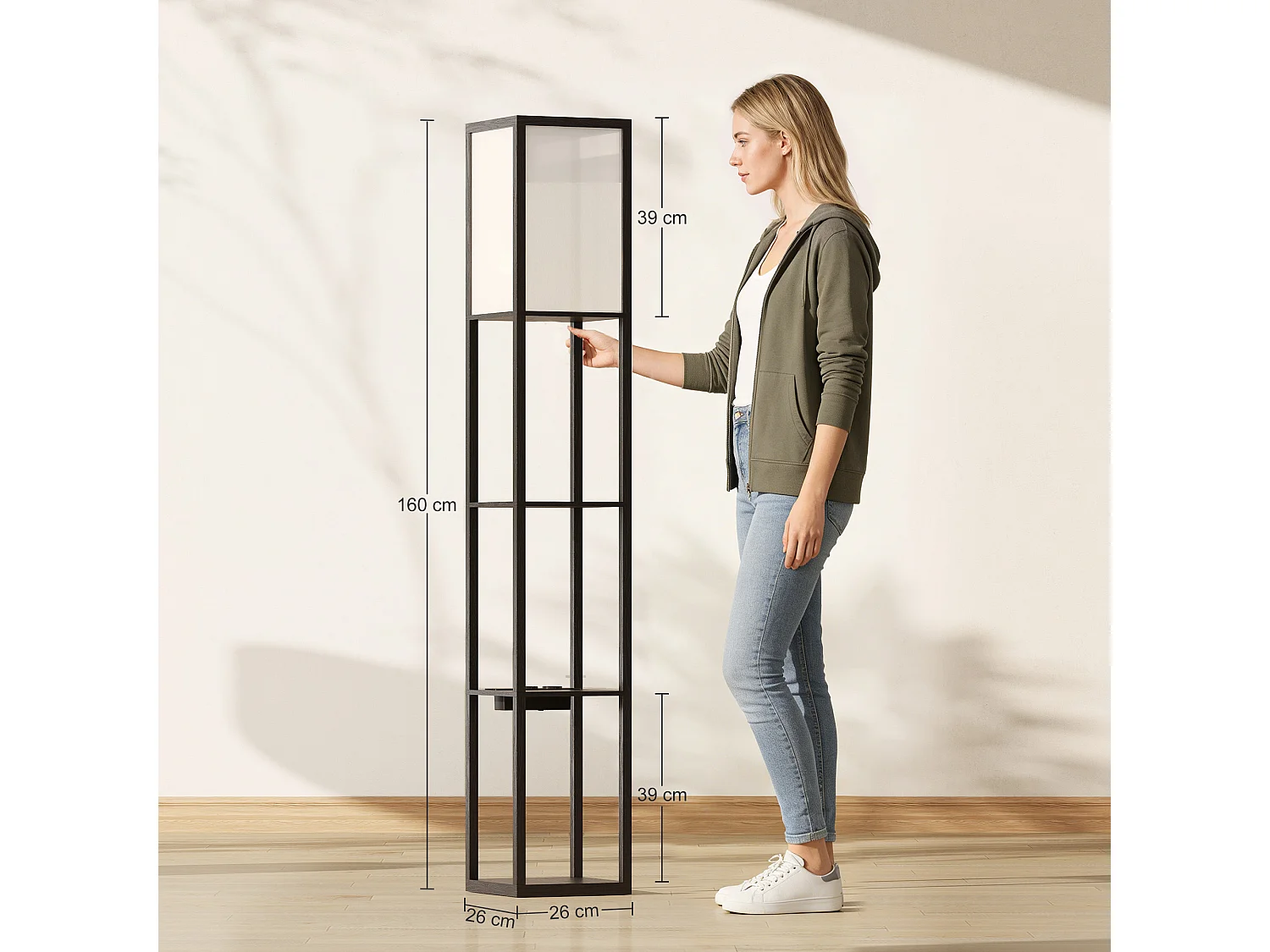 Lampada da terra con ripiani e luce regolabile porte usb nero