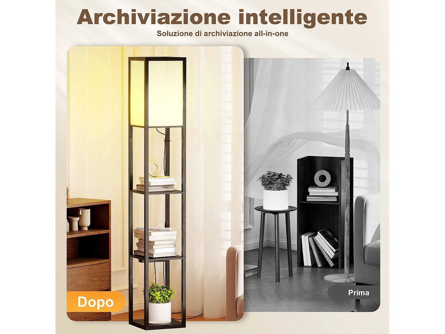 Lampada da terra con ripiani e luce regolabile porte usb nero