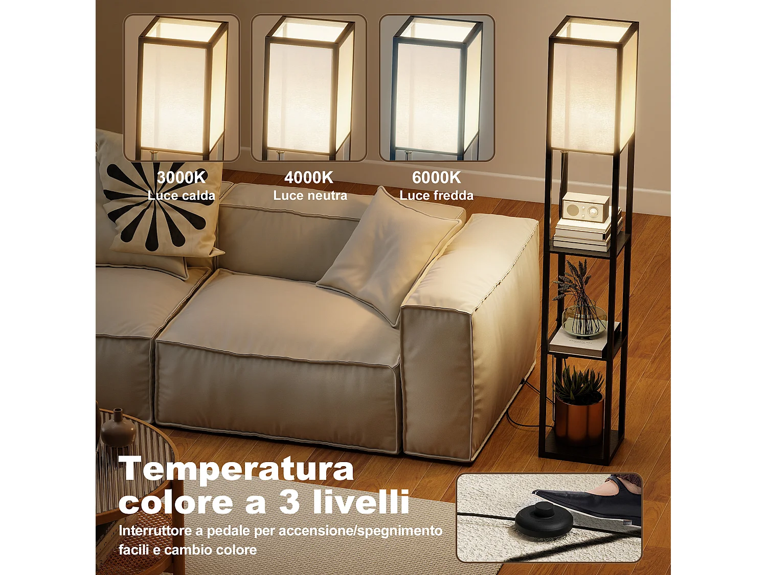Lampada da terra con ripiani e luce regolabile porte usb nero