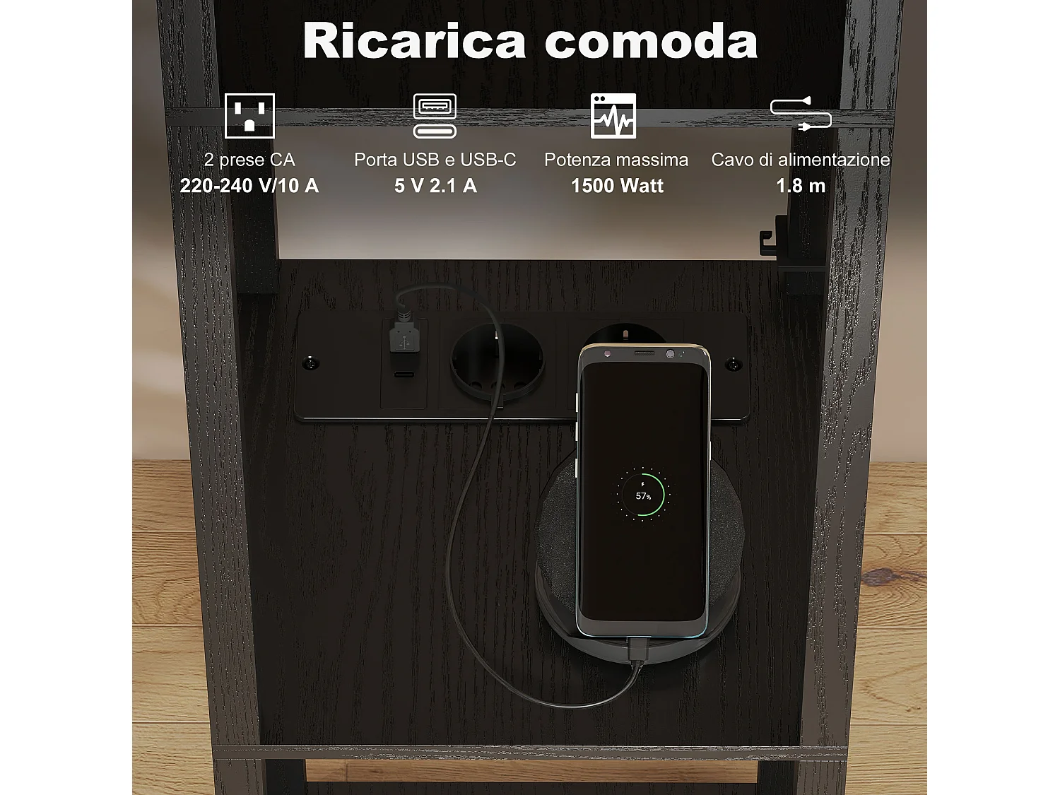 Lampada da terra con ripiani e luce regolabile porte usb nero
