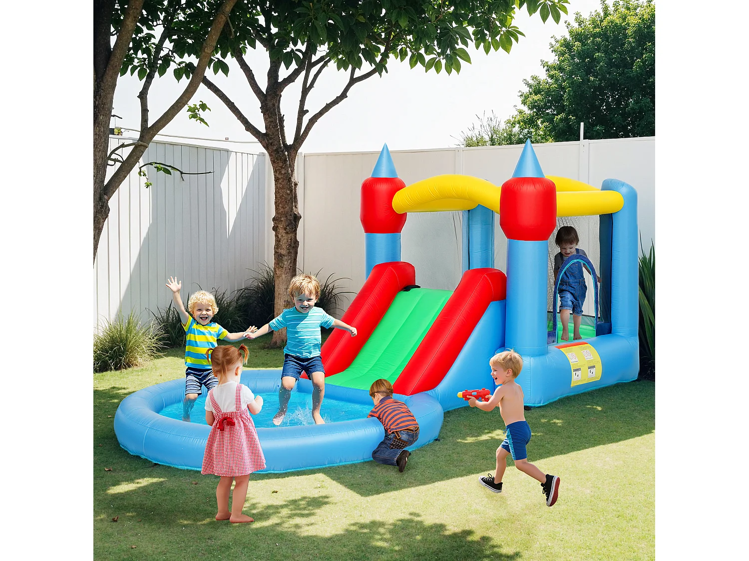 Castello gonfiabile 4 in 1 con scivolo in tessuto oxford multicolore