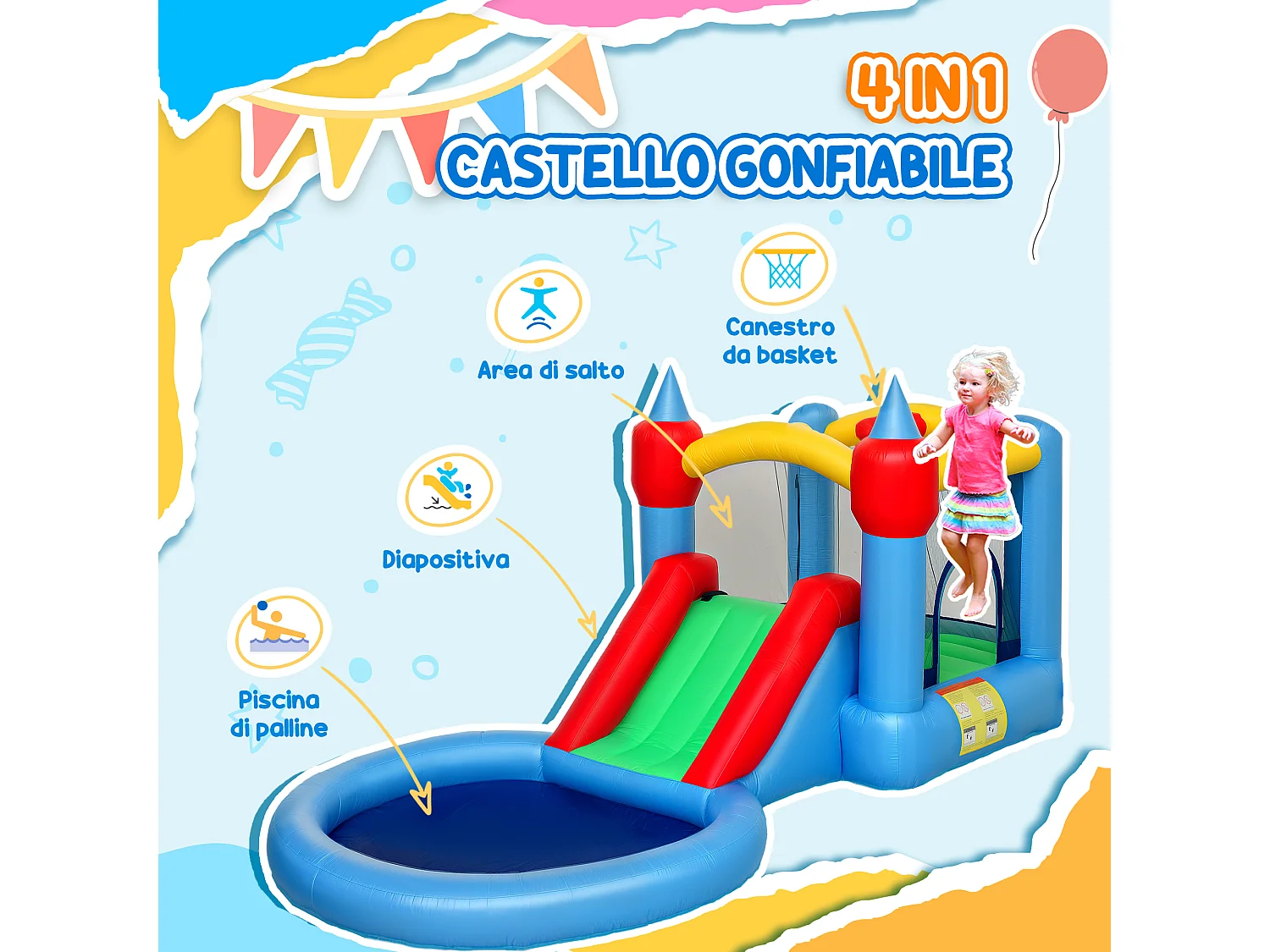 Castello gonfiabile 4 in 1 con scivolo in tessuto oxford multicolore