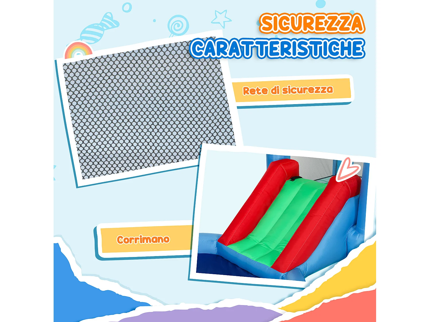 Castello gonfiabile 4 in 1 con scivolo in tessuto oxford multicolore