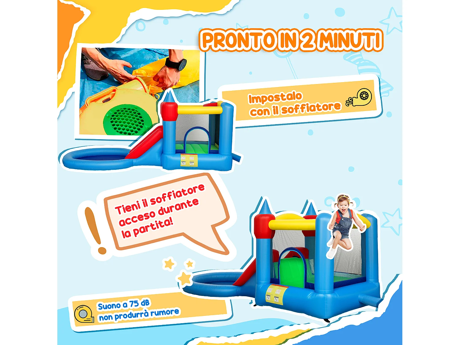 Castello gonfiabile 4 in 1 con scivolo in tessuto oxford multicolore