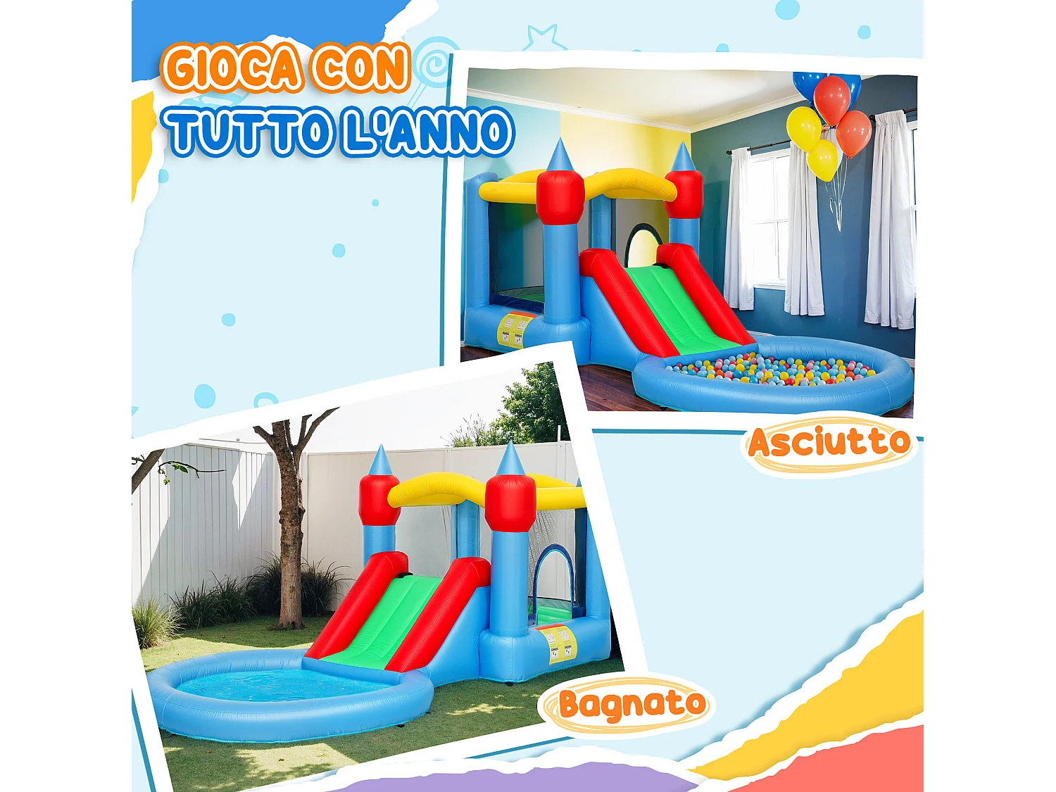 Castello gonfiabile 4 in 1 con scivolo in tessuto oxford multicolore