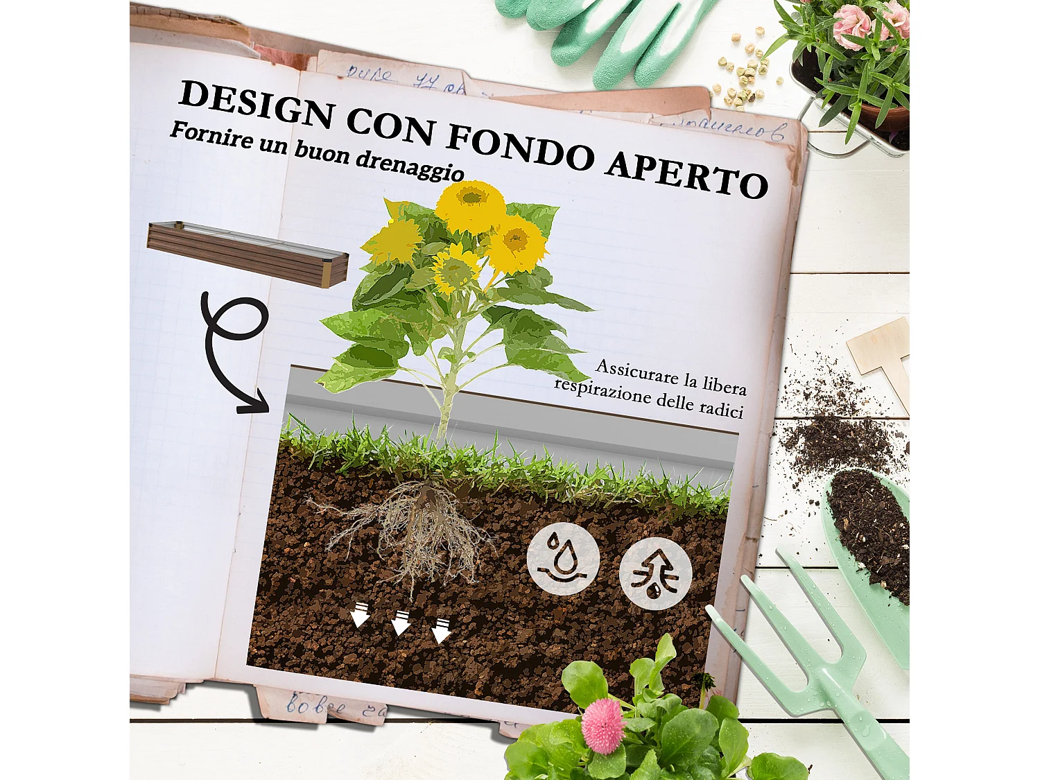 Fioriera rialzata in metallo da 405l color legno scuro