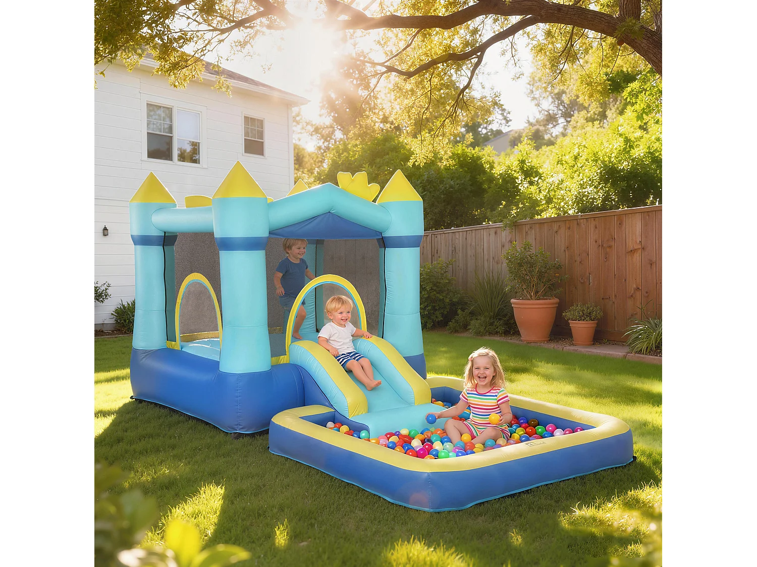 Castello gonfiabile per bambini con scivolo e piscina blu