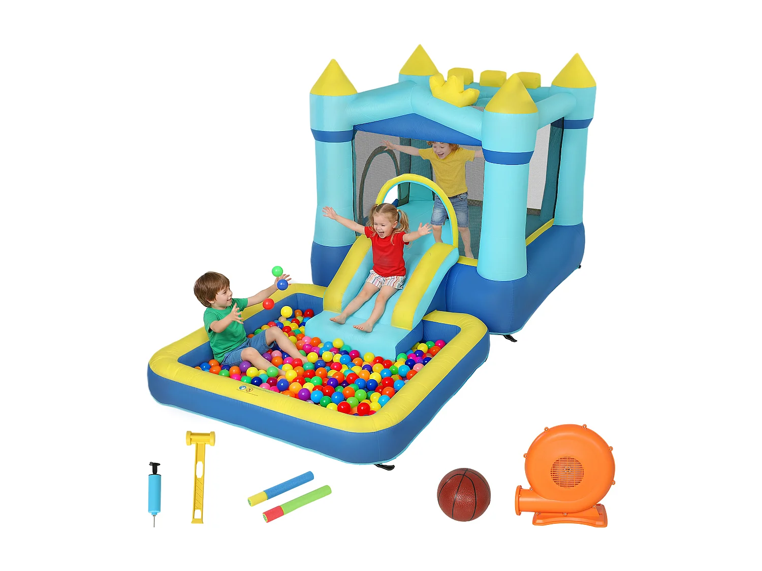 Castello gonfiabile per bambini con scivolo e piscina blu