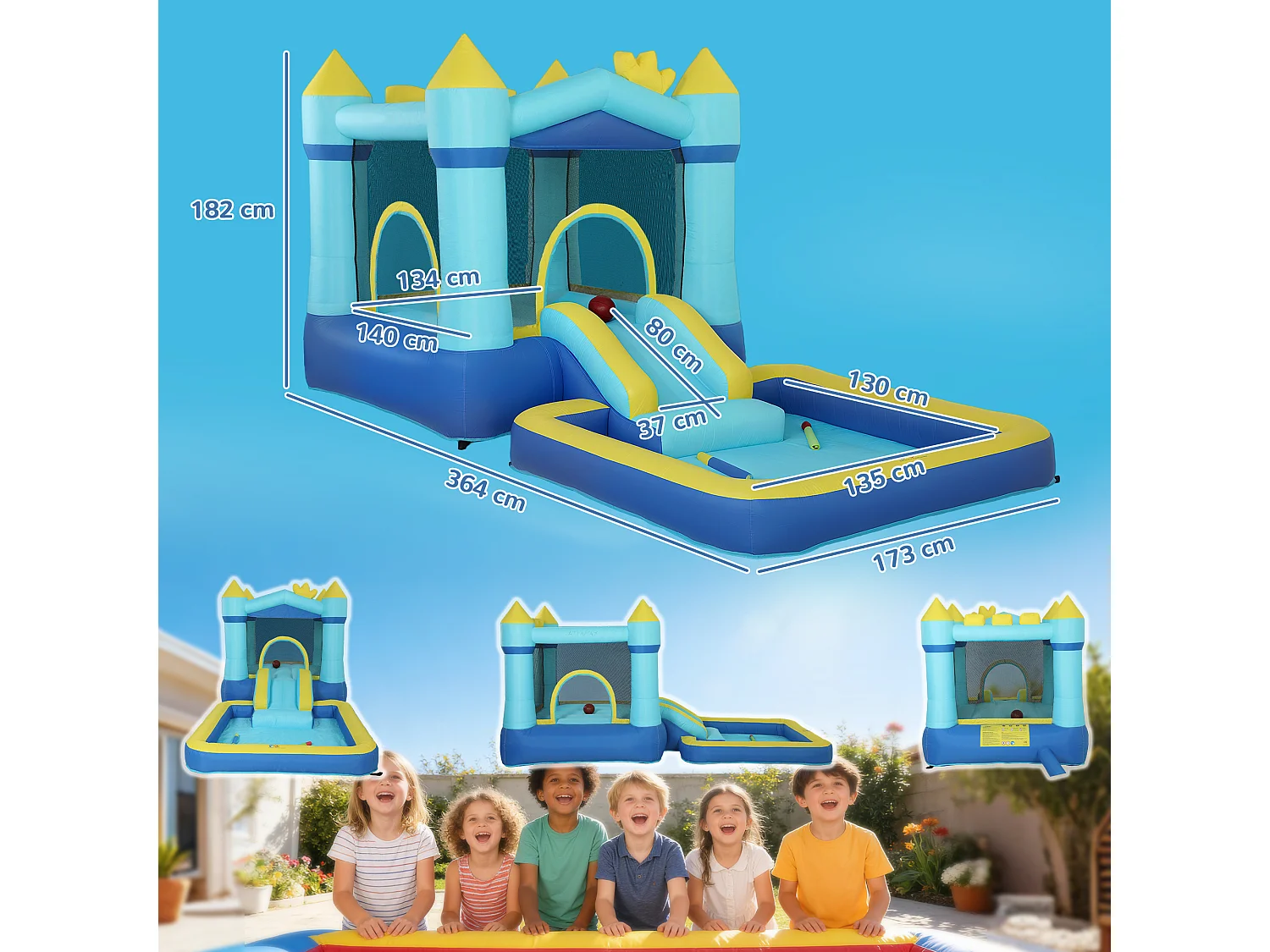 Castello gonfiabile per bambini con scivolo e piscina blu