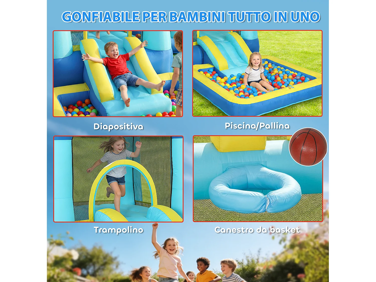 Castello gonfiabile per bambini con scivolo e piscina blu