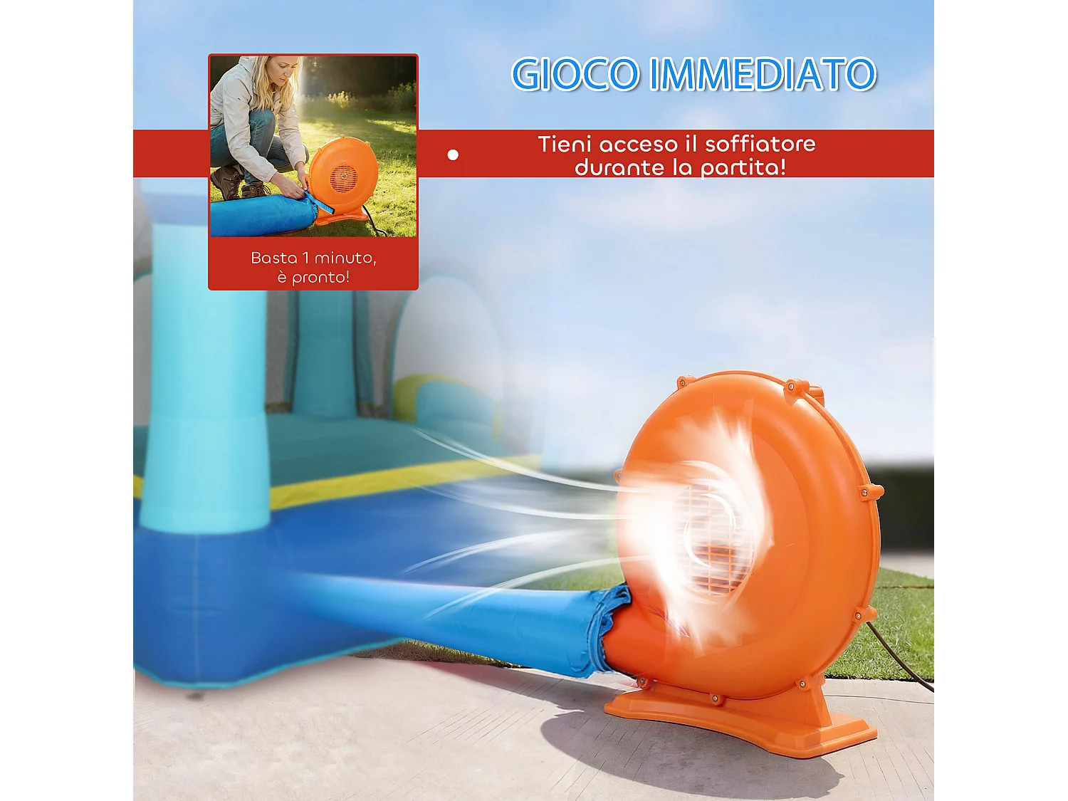 Castello gonfiabile per bambini con scivolo e piscina blu