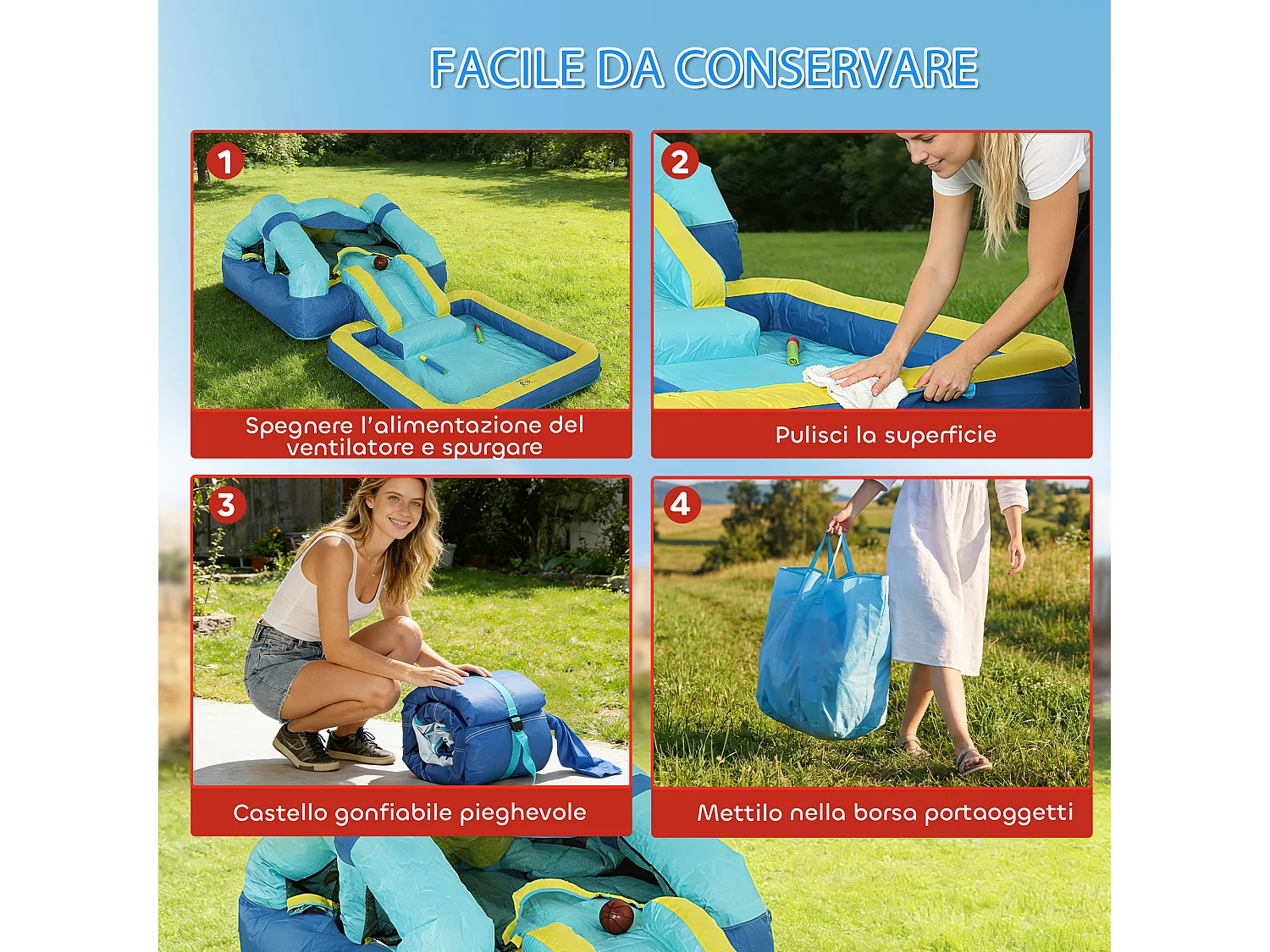 Castello gonfiabile per bambini con scivolo e piscina blu