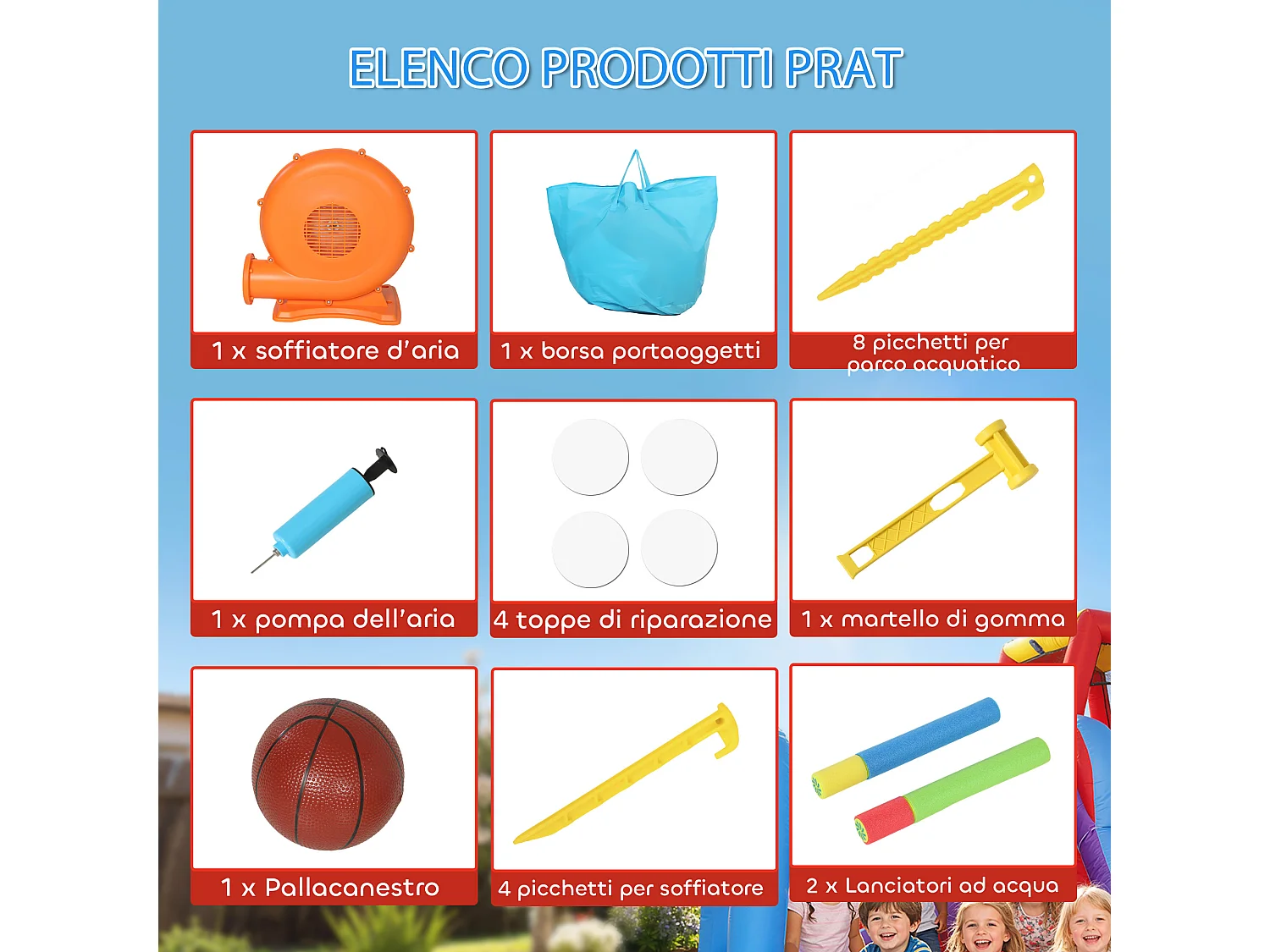 Castello gonfiabile per bambini con scivolo e piscina blu