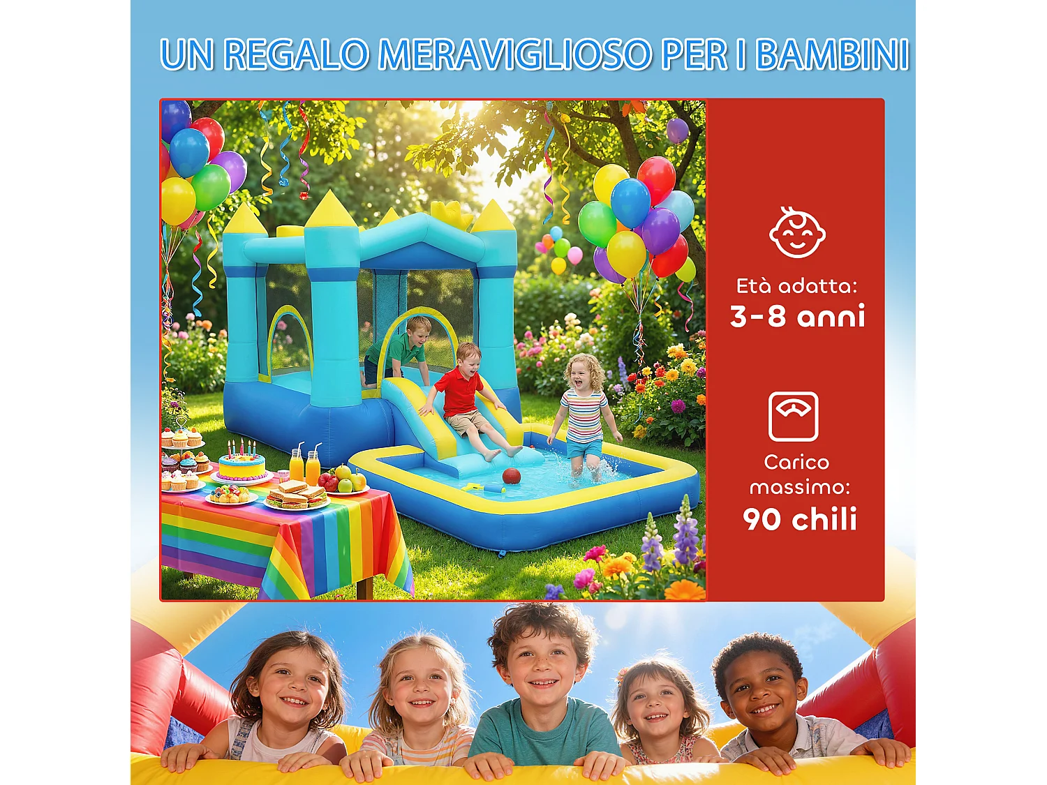 Castello gonfiabile per bambini con scivolo e piscina blu