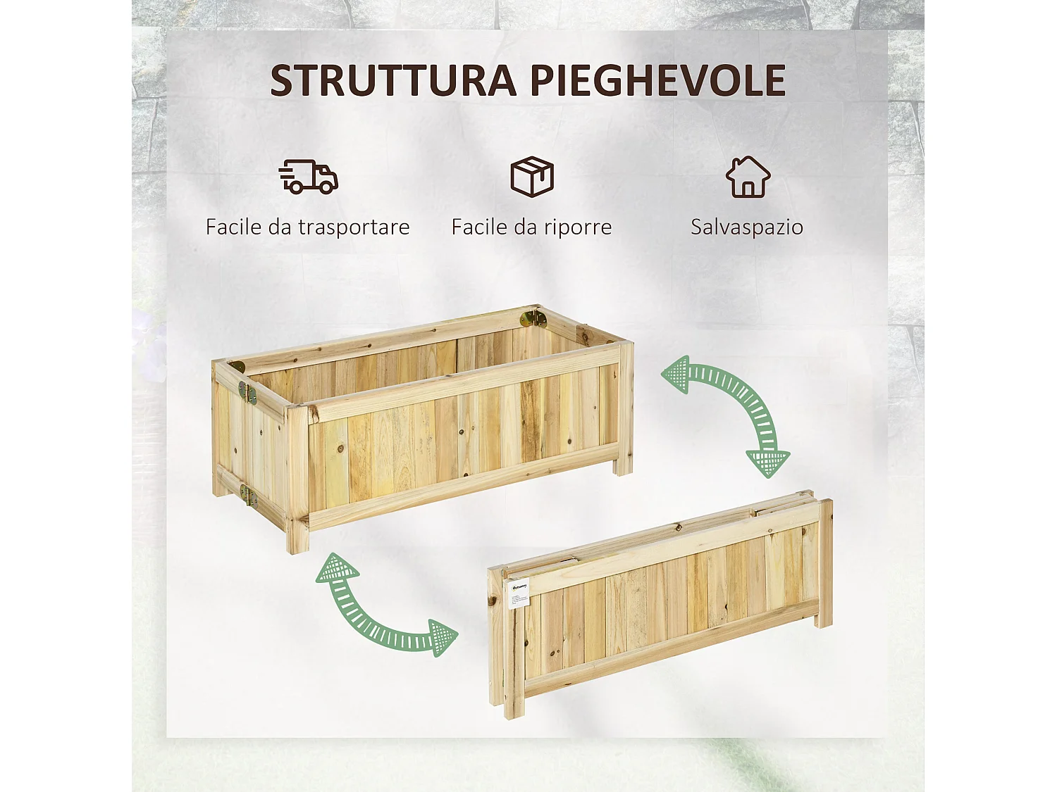 Fioriera in legno pieghevole da esterno 70x30x25cm